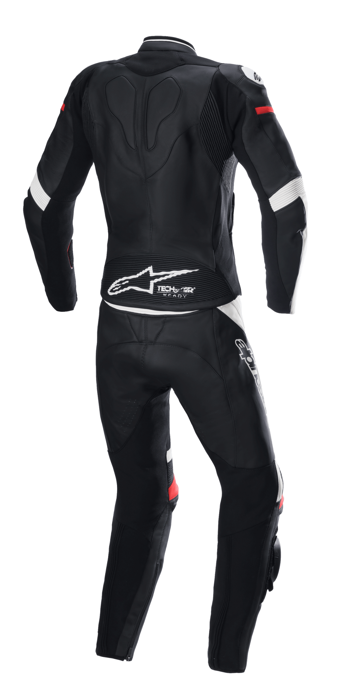 Tuta in pelle 2 pezzi Alpinestars Stella GP Plus, nero, bianco e rosso acceso, vista posteriore, con marchio Tech-Air Ready e logo Alpinestars sulla parte bassa della schiena, tuta protettiva ergonomica con pannelli elasticizzati per gare motociclistiche