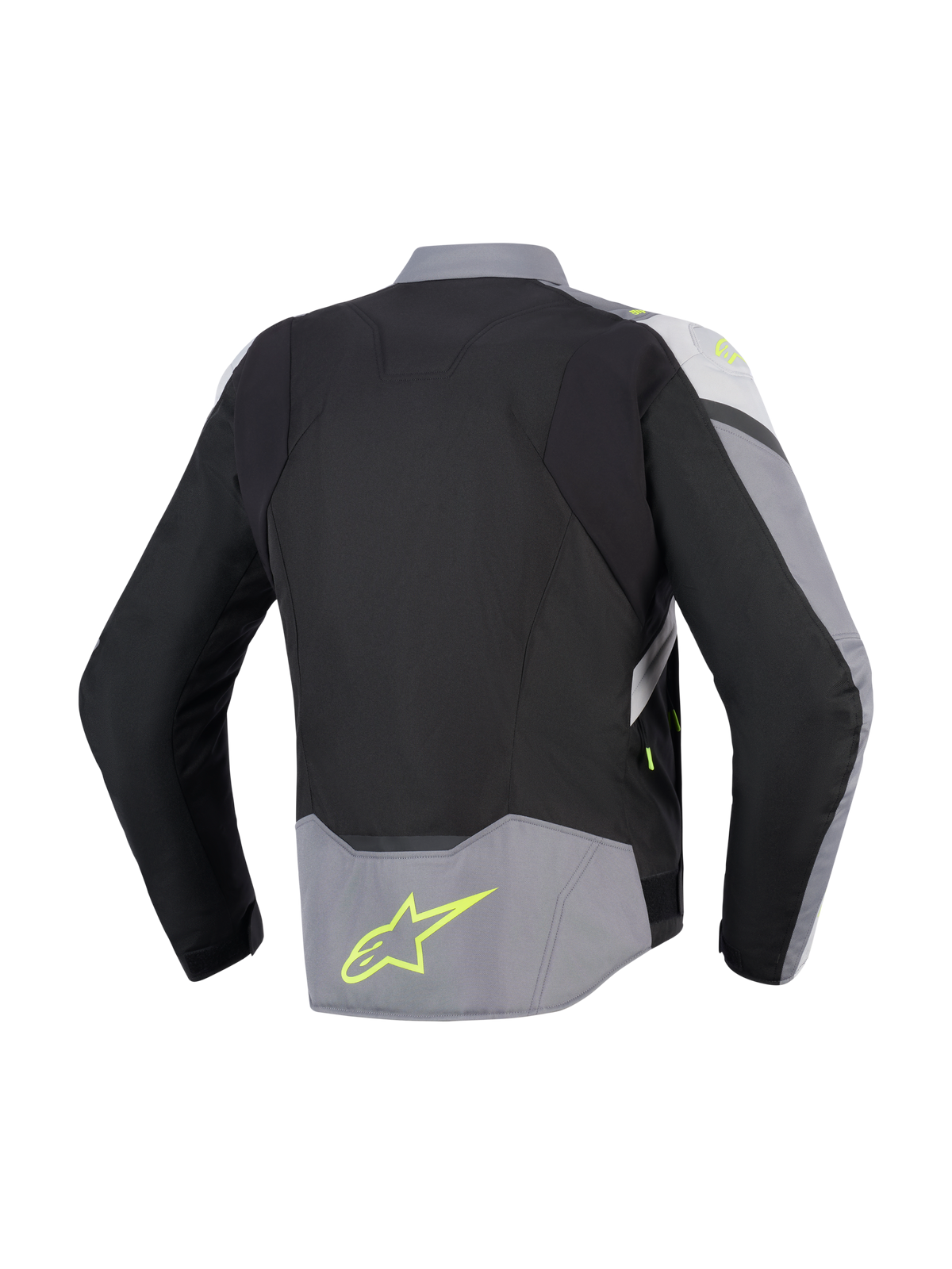 Alpinestars Giacca Impermeabile T-Jaws V4, vista posteriore, nero, grigio ghiaccio e grigio scuro, giacca da moto in tessuto con accenti giallo fluorescente e logo sulla parte bassa della schiena, vestibilità sportiva con profilo posteriore allungato
