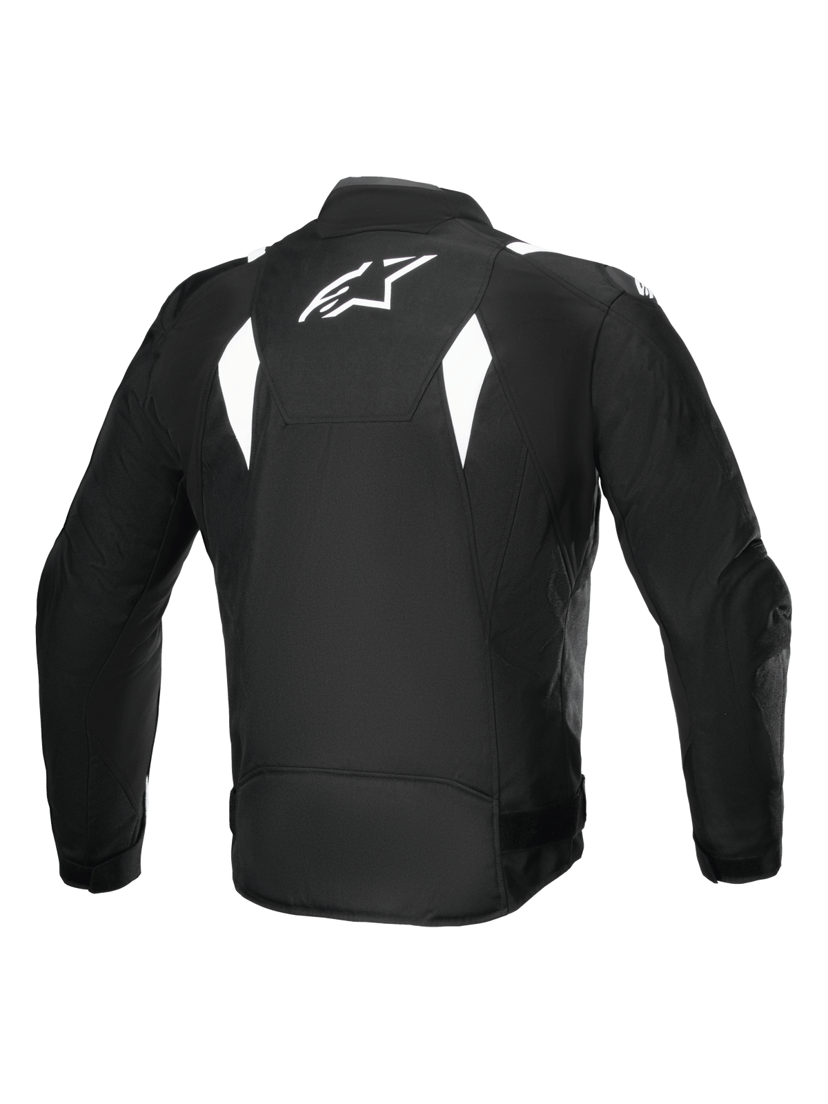Alpinestars T-SP 1 V2 Waterproof Jacket, vista posteriore, nero e bianco, logo Alpinestars bianco sulla parte superiore della schiena, giacca da moto in tessuto con accenti bianchi angolari, silhouette sportiva