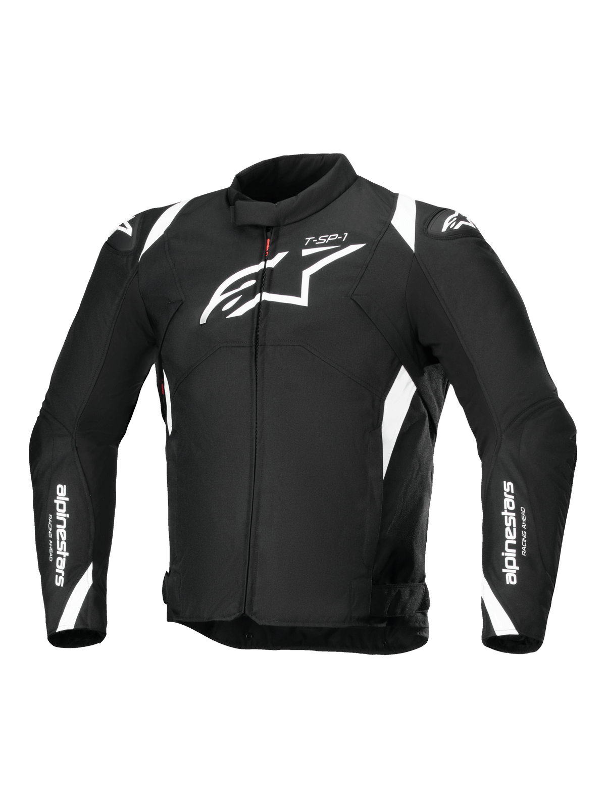 Alpinestars T-SP 1 V2 Waterproof Jacket, giacca da moto in tessuto, nero e bianco, con un grande logo Astars bianco sul petto, branding su maniche e spalle e una silhouette sportiva d'ispirazione tecnica.