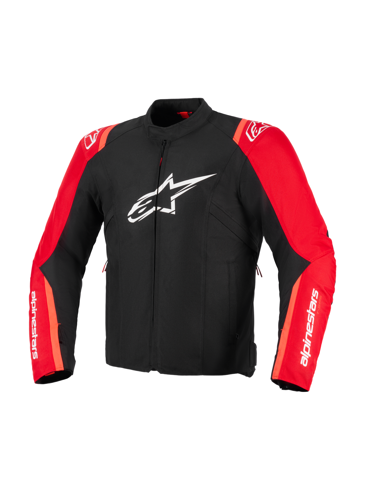Alpinestars T-SPS V2 Waterproof Jacket, nero e rosso fluo, giacca da moto in tessuto, con logo Alpinestars bianco sul petto e scritte bianche sulle maniche, design dal taglio sportivo ispirato alle corse