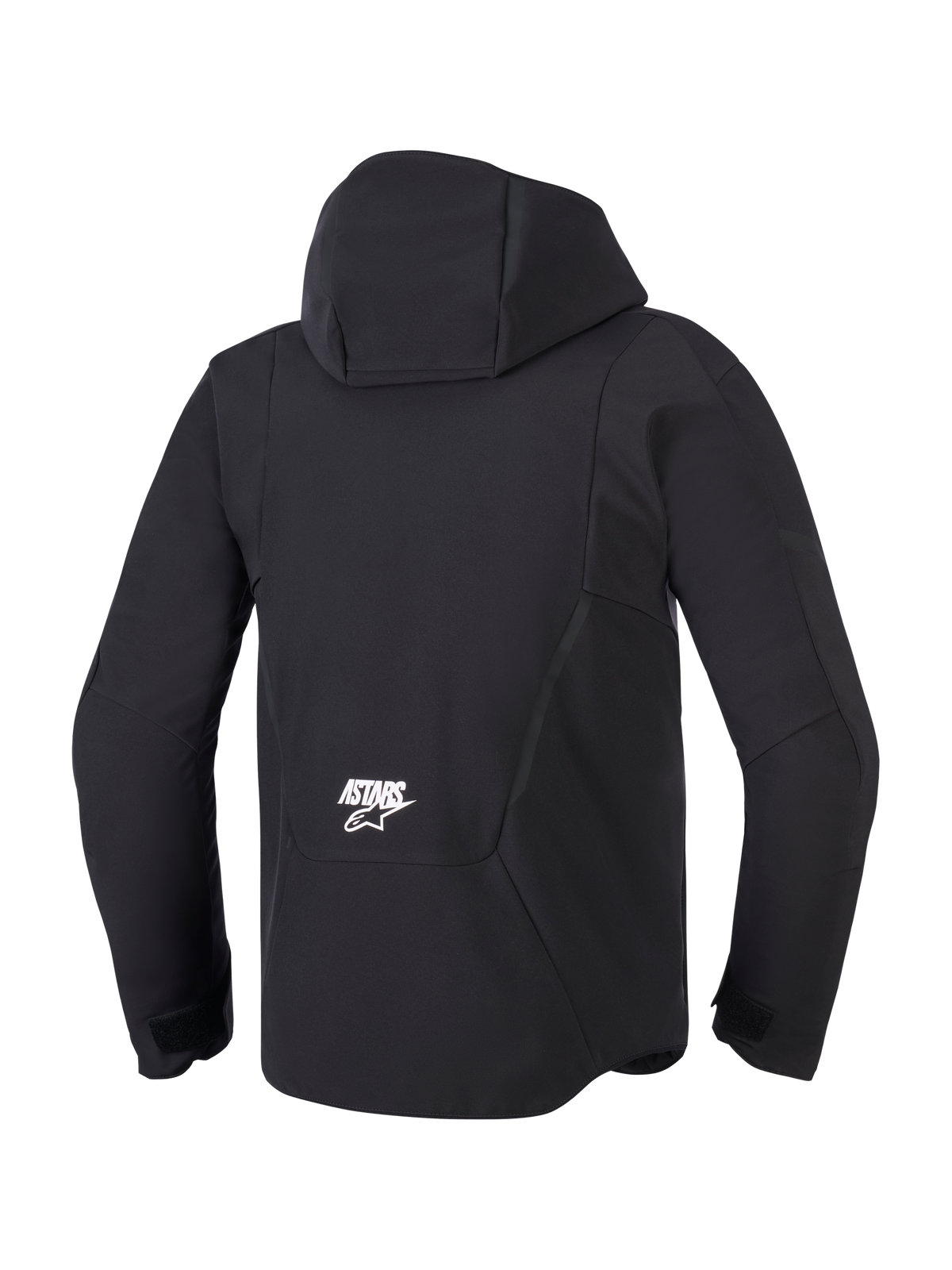 Alpinestars Giacca Aeroshell Impermeabile, giacca da moto softshell da uomo, nera, vista posteriore con cappuccio e logo bianco