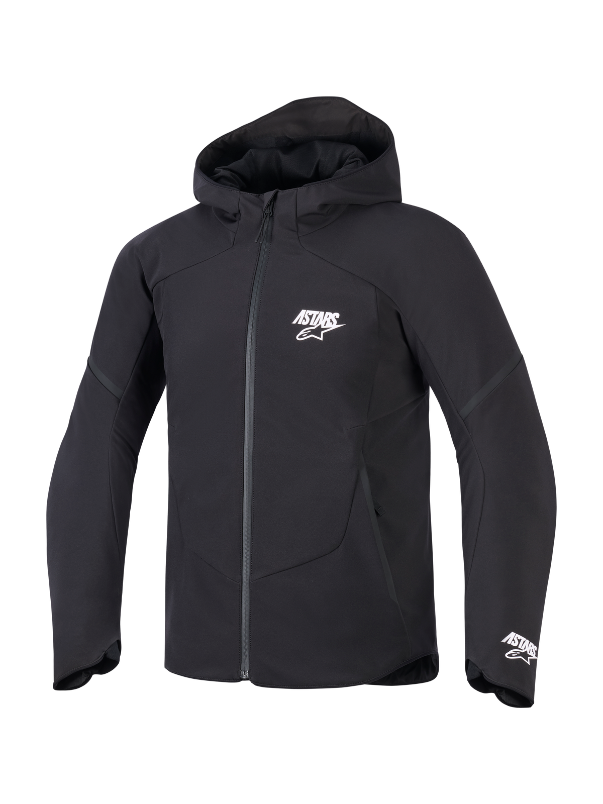 Alpinestars Giacca Aeroshell Impermeabile, giacca da moto con cappuccio da uomo, nera, softshell tecnico con loghi ASTARS bianchi, design urban sportivo impermeabile.