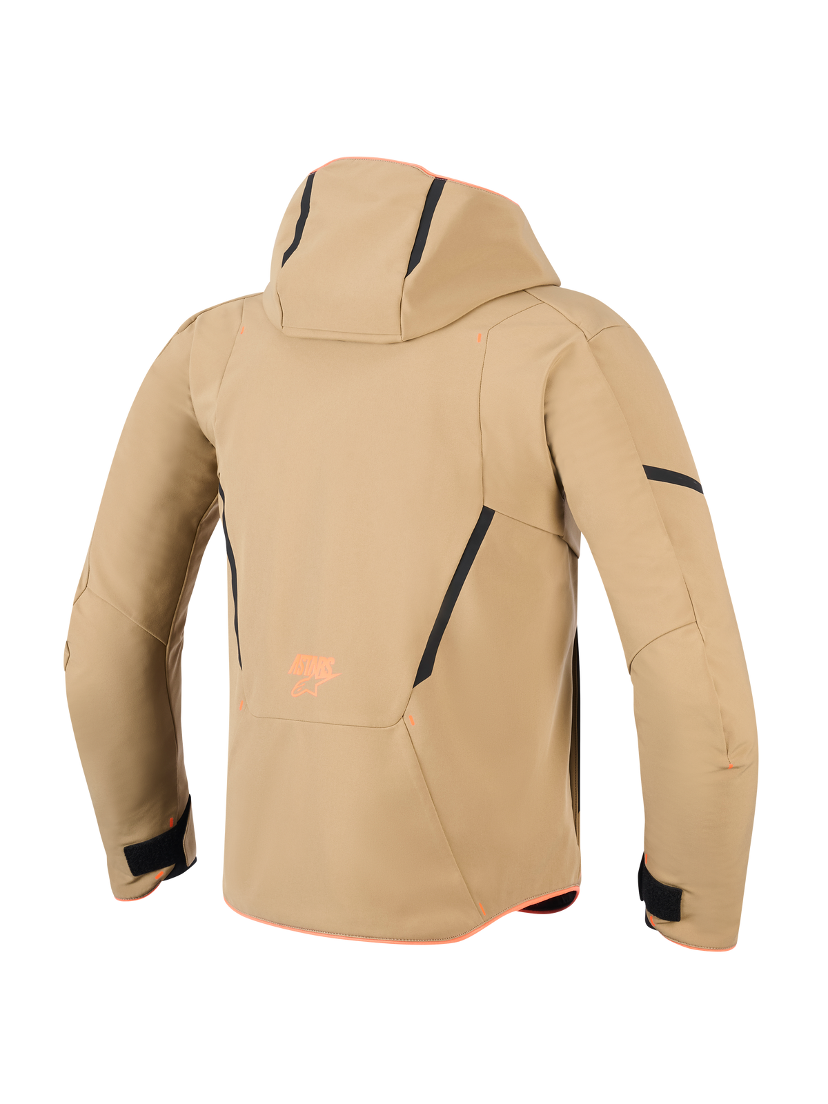 Giacca impermeabile Alpinestars Aeroshell, vista posteriore, kaki scuro con dettagli neri e arancione fluo, dotata di cappuccio, linee di contrasto nere e logo arancione, felpa da moto sportiva in softshell