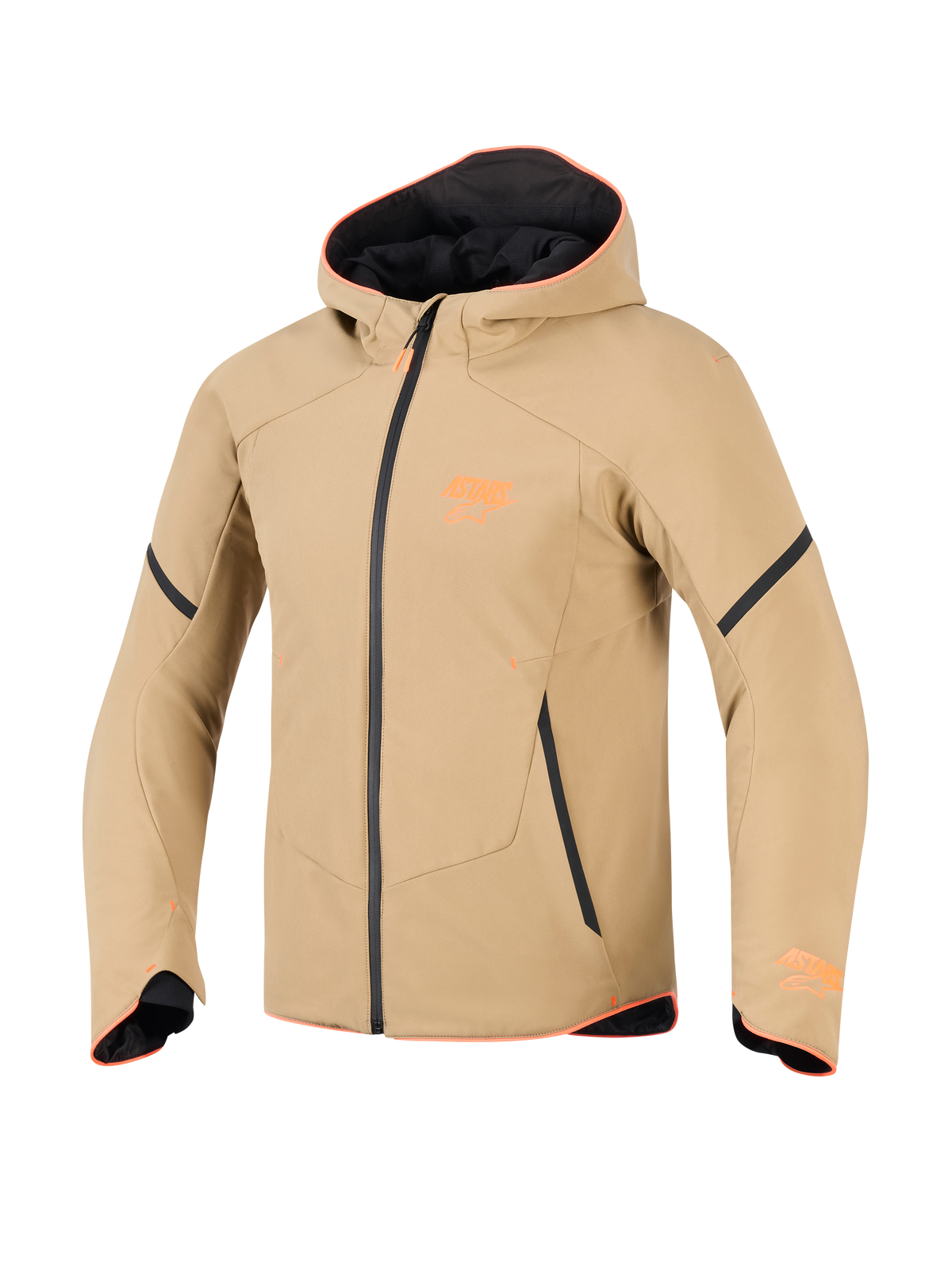 Alpinestars Giacca Aeroshell Waterproof, khaki scuro con accenti nero e arancione fluo, stile felpa sportiva in softshell, abbigliamento tecnico da moto con finiture arancioni e logo sul petto