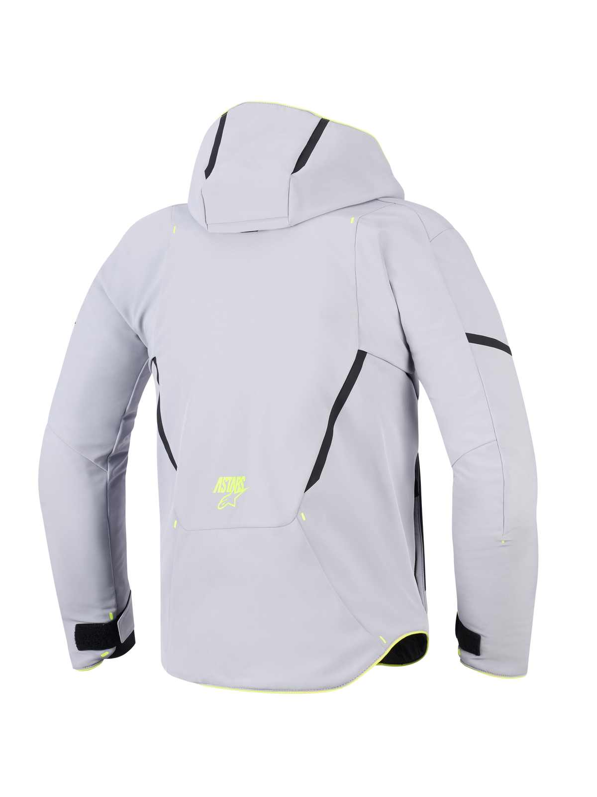 Giacca Alpinestars Aeroshell Waterproof, Grigio Medio Giallo Fluo, vista posteriore di una giacca da moto con cappuccio, softshell in tessuto grigio chiaro con accenti diagonali neri, logo ASTARS giallo fluorescente sulla parte bassa della schiena, design sportivo moderno.
