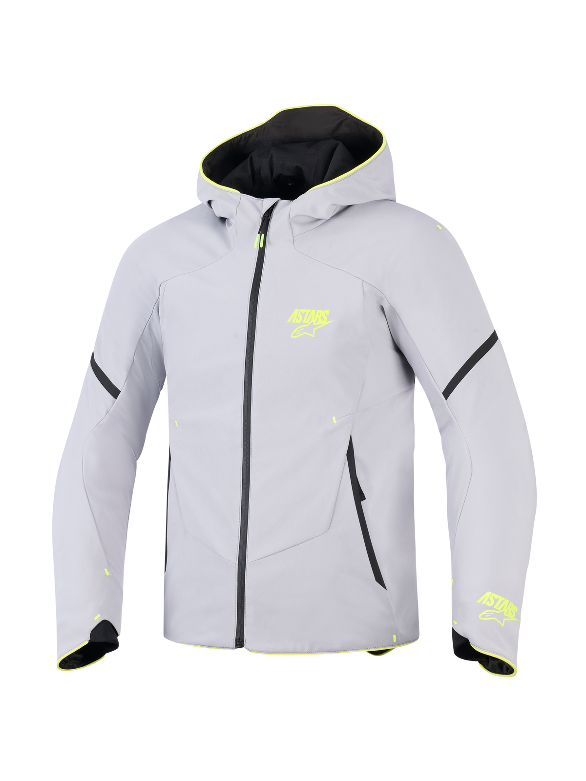 Alpinestars Aeroshell Waterproof Jacket, grigio medio e giallo fluo, giacca da moto sportiva in softshell con cappuccio, con loghi ASTARS giallo neon, cerniera impermeabile nera e vestibilità atletica moderna