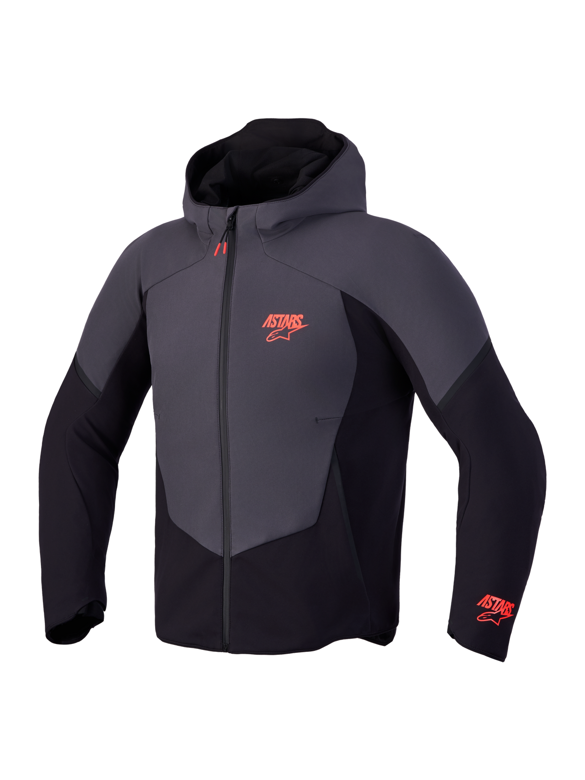 Alpinestars Aeroshell Wp Giacca, felpa softshell da moto certificata CE, nera e grigio scuro con dettagli del logo rossi, design impermeabile con cappuccio