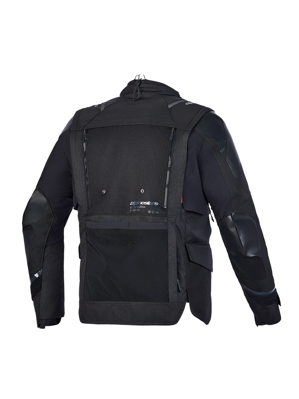 Alpinestars Harok V 2 Drystar Giacca, giacca da moto adventure, vista posteriore in nero, con struttura in ripstop tecnico, pannello in rete di ventilazione e tasche impermeabili