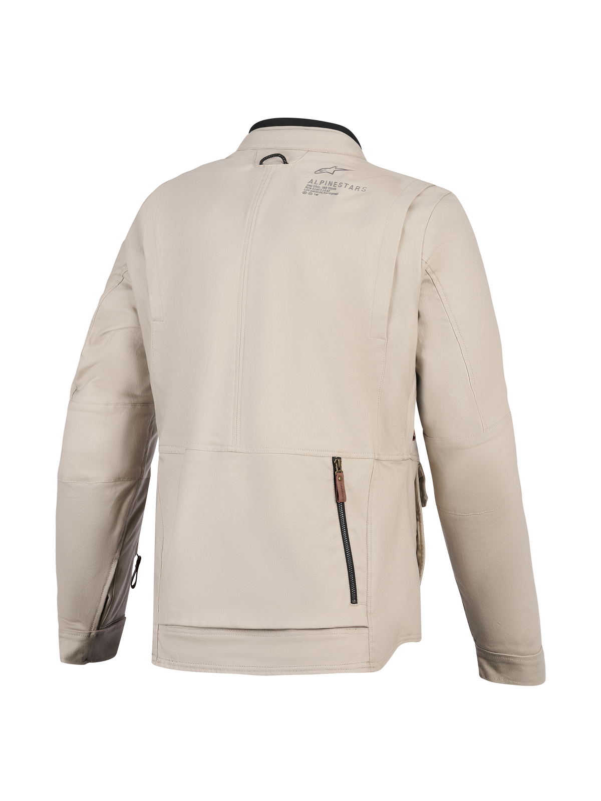 Alpinestars Borrego Drystar® Jacket, giacca da moto, grigio caldo, vista posteriore con un ampio scomparto posteriore con cerniera, costruzione in robusta tela tessile con logo Alpinestars sulla spalla, design pronto per l'avventura
