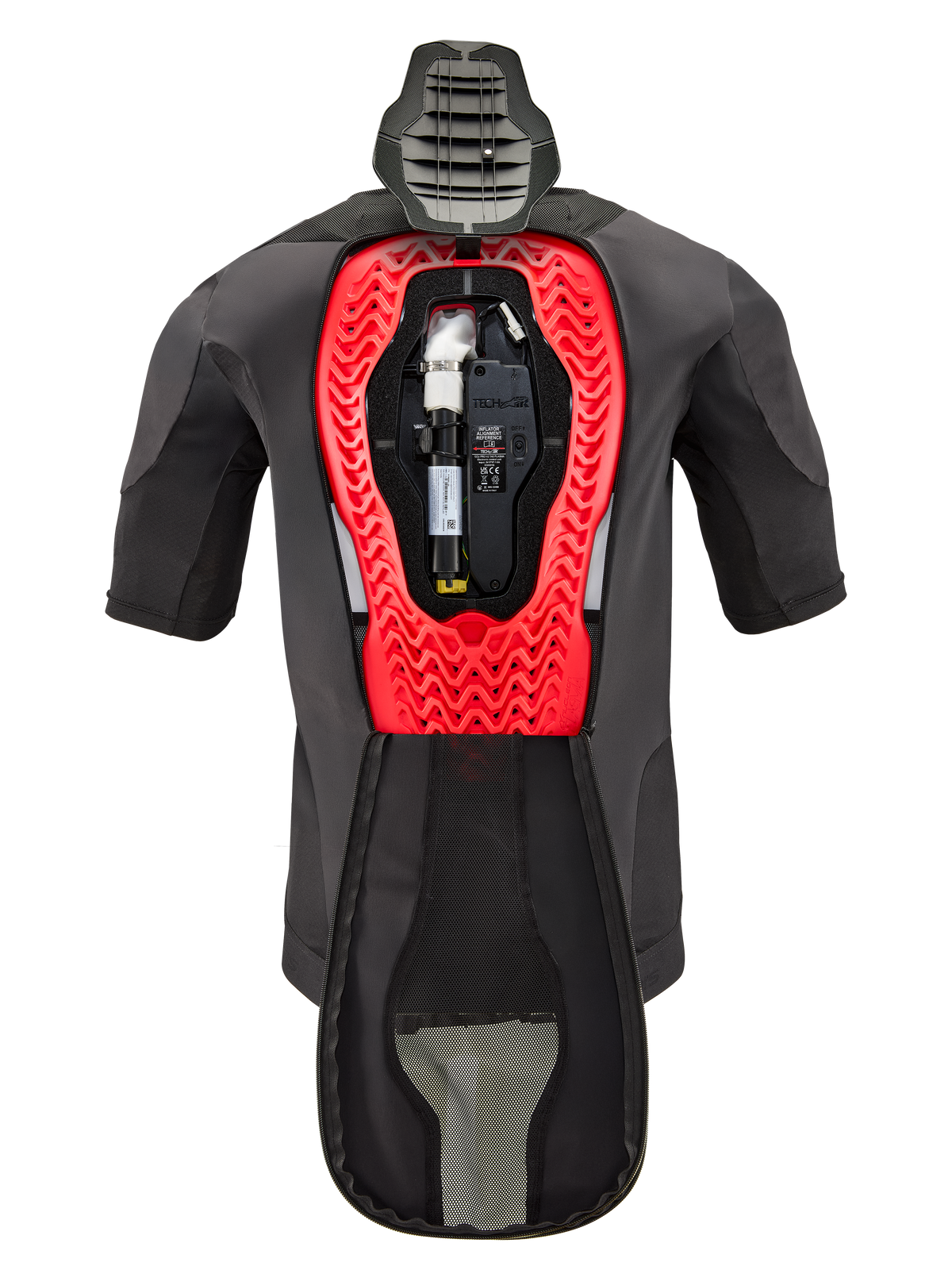 Bombola di ricambio Alpinestars Tech-Air® 5 Plasma, mostrata all'interno di un gilet Tech-Air® 5 Plasma, capo nero con struttura interna a nido d'ape rosso brillante, con bombola di gas argon e unità elettronica, abbigliamento tecnico protettivo da moto