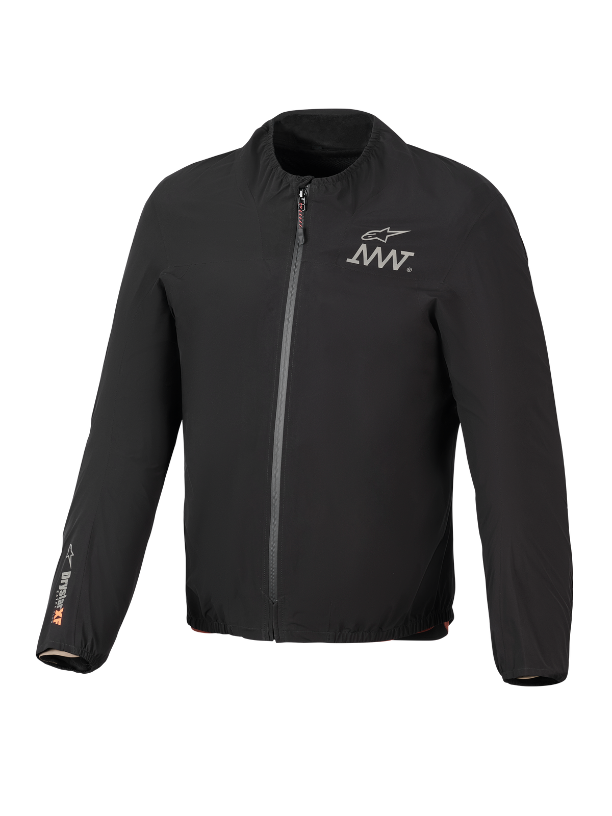 Fodera per giacca Alpinestars AMT-8 Stretch Drystar® XF, nera, giacca elasticizzata impermeabile leggera, zip frontale, logo AMT sul petto, marchio Drystar® XF sulla manica destra, colletto e polsini elasticizzati
