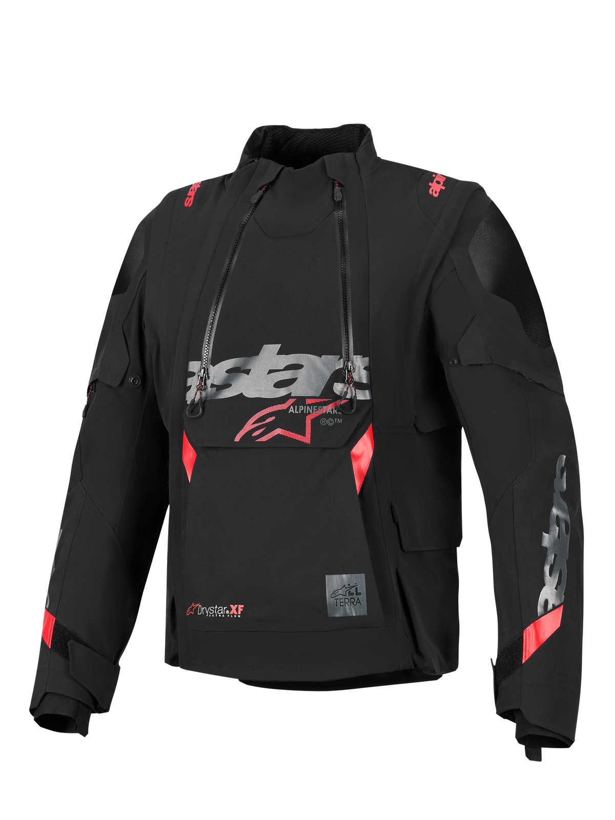 Alpinestars Halo Pro Drystar® XF Laminated Jacket, giacca da moto adventure, nero con accenti rossi e grigi, caratterizzata da doppie cerniere anteriori asimmetriche impermeabili, un grande logo sul petto e un design modulare in tessuto tecnico.