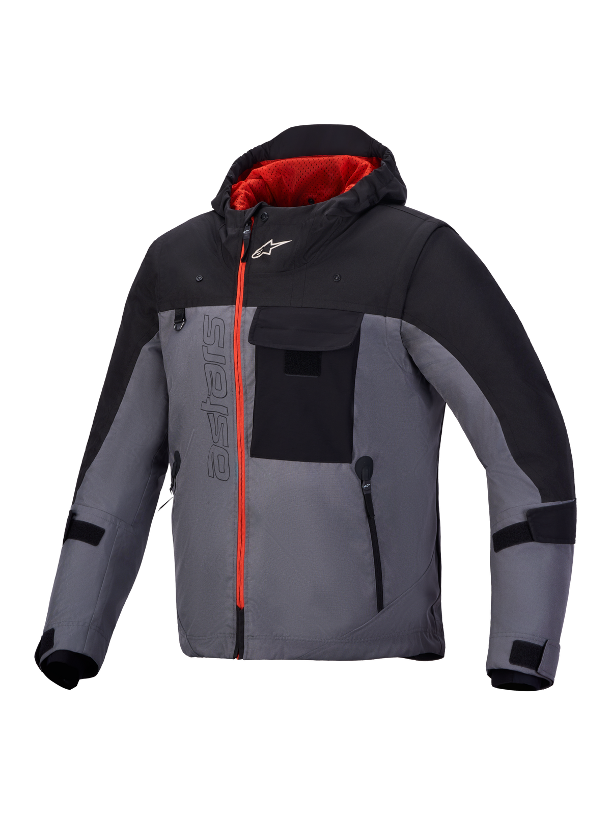 Alpinestars Morfex Parka WP Giacca, giacca da moto urbana impermeabile con cappuccio integrato, grigio e nero con dettagli e zip rossi
