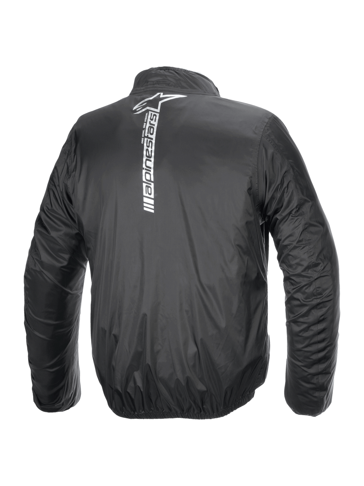 Giacca Alpinestars Hurricane Rain V2, giacca da moto antipioggia impermeabile, nero, vista posteriore con un grande logo Alpinestars bianco verticale e scritta al centro della schiena, tessuto laminato leggero con polsini e vita elasticizzati