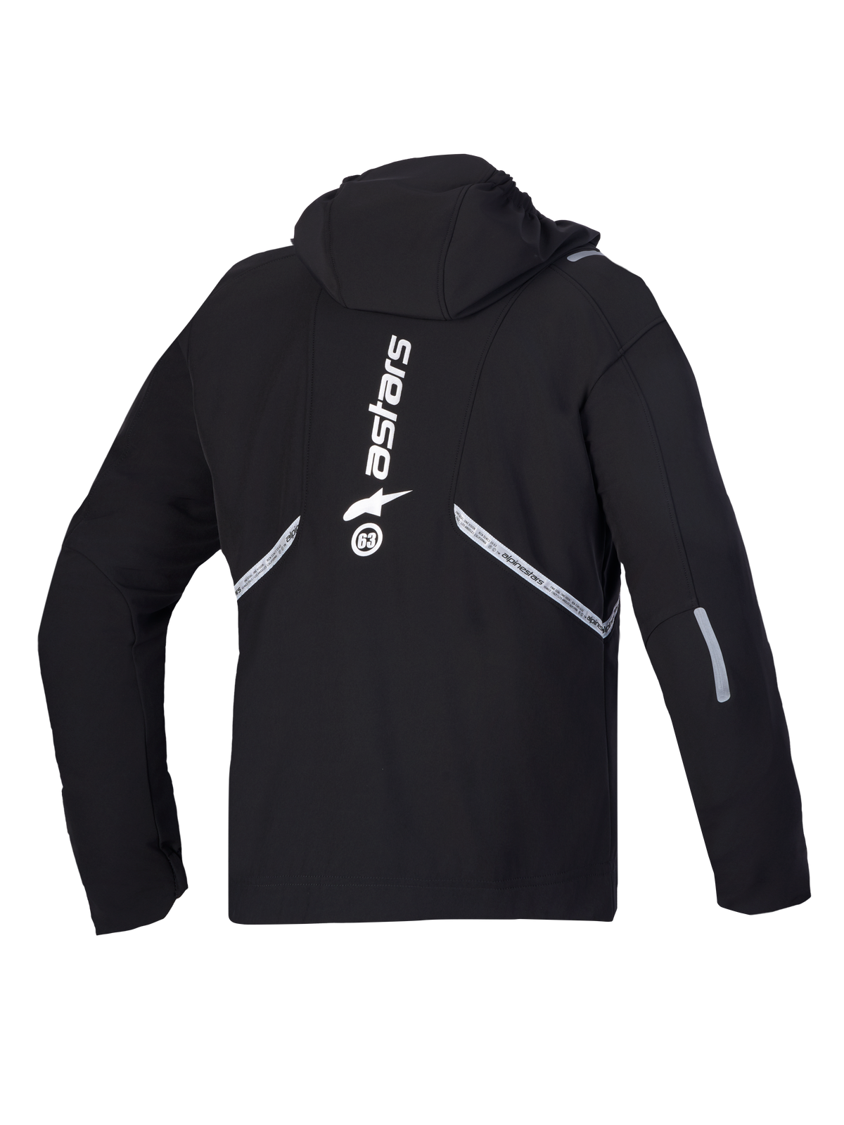 Alpinestars C 5 Drystar Giacca, giacca da moto softshell impermeabile, vista posteriore in nero con cappuccio integrato, dettagli riflettenti e grande logo bianco verticale