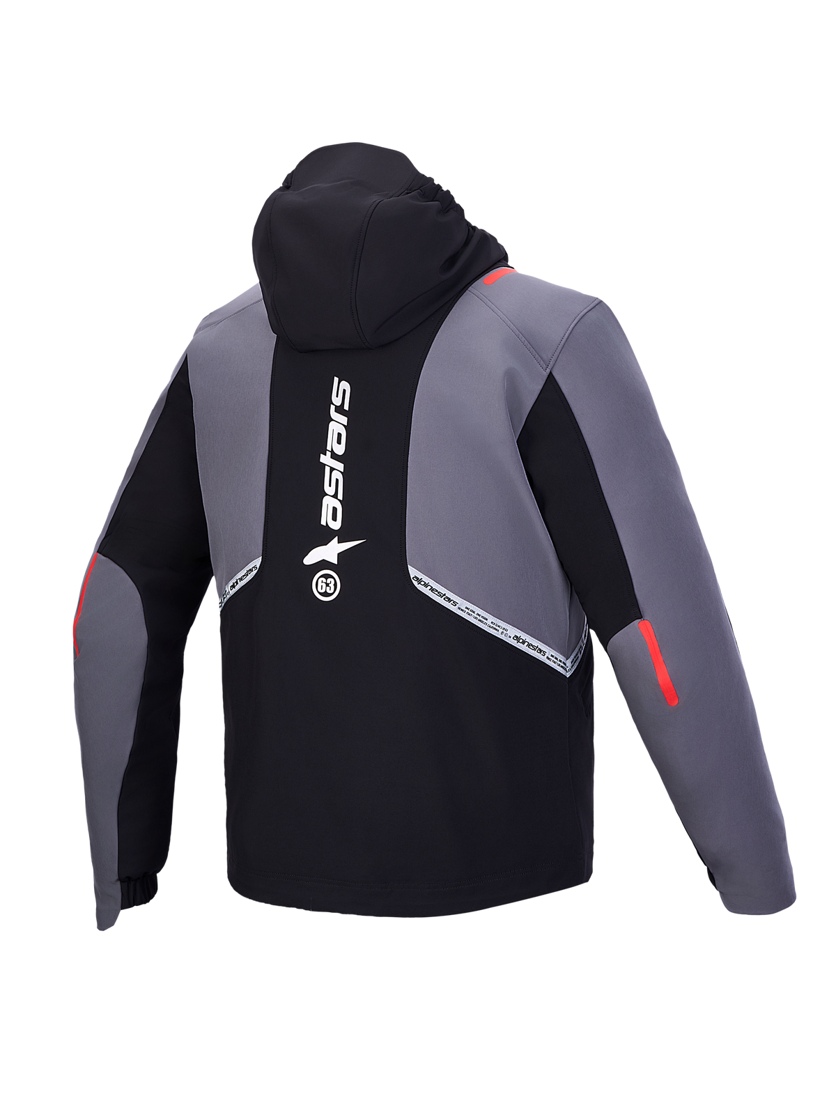 Alpinestars C 5 Drystar Giacca, giacca da moto urbana impermeabile, vista posteriore con cappuccio integrato e dettagli riflettenti, nero e grigio scuro con dettagli rossi