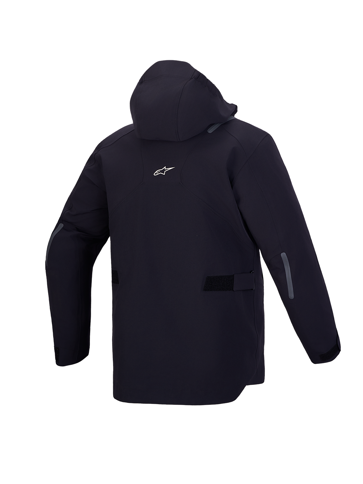 Alpinestars C 7 Drystar XF Giacca, giacca da moto urbana impermeabile, vista posteriore in nero con cappuccio integrato e dettagli riflettenti