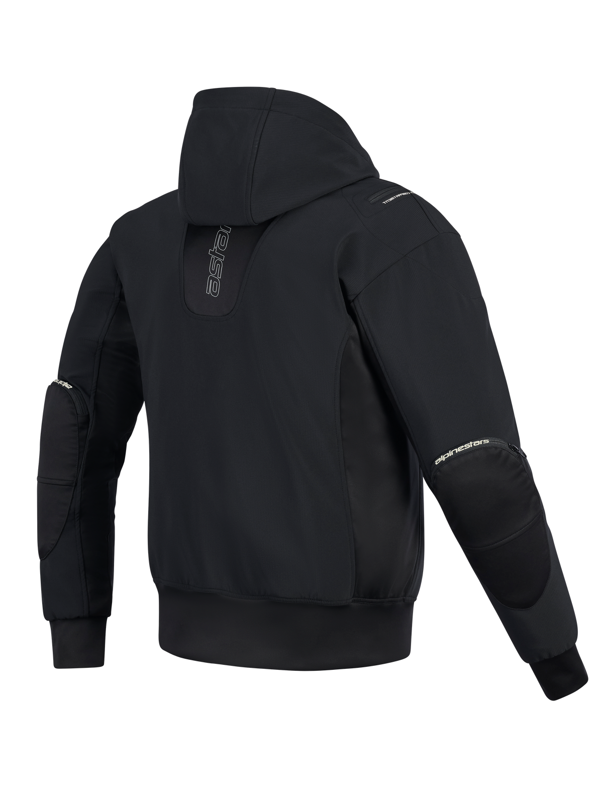 Giacca impermeabile Alpinestars Moblast, vista posteriore, nero, felpa da moto urbana con cappuccio e branding verticale sulla schiena, costruzione tecnica in softshell e ripstop con cappuccio fisso e cerniere esterne per le protezioni dei gomiti