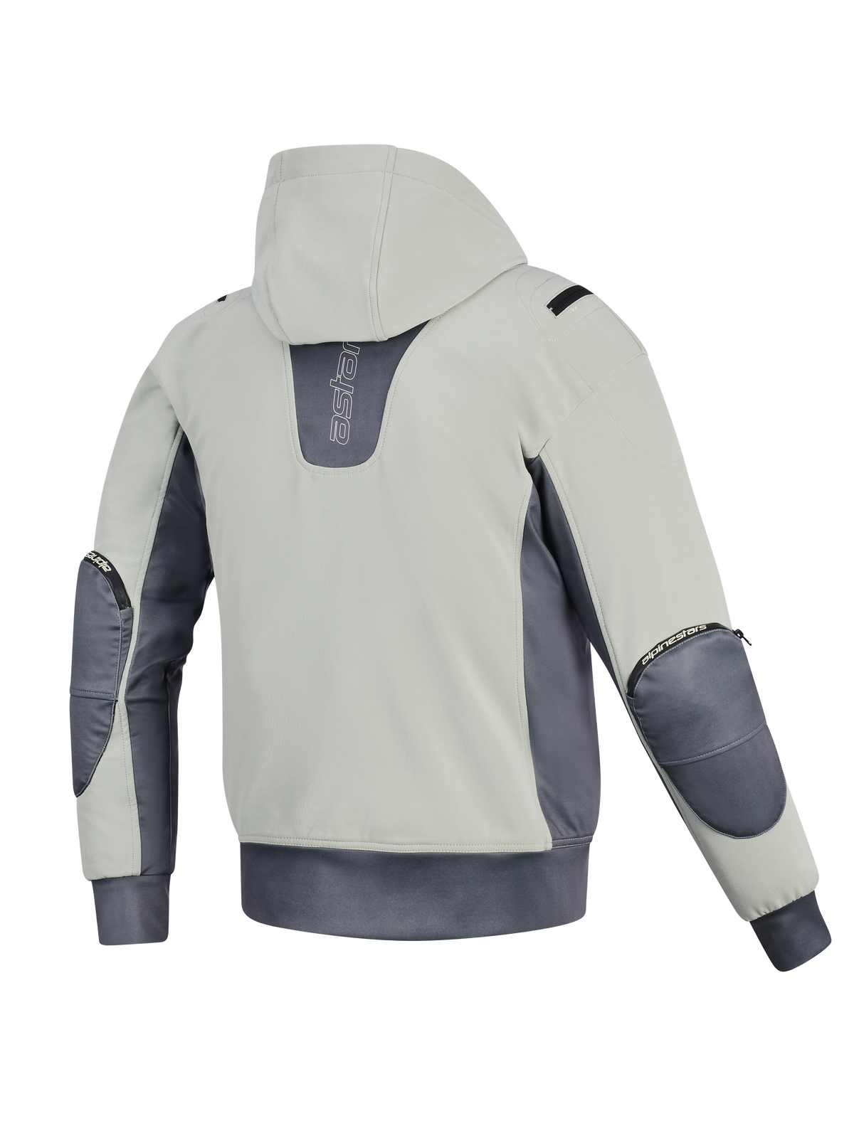 Giacca Alpinestars Moblast Waterproof, vista posteriore, Iron Gray e Dark Sage, felpa da moto con cappuccio con corpo verde salvia chiaro e accenti grigio scuro, branding verticale sul retro, cerniere visibili per le protezioni dei gomiti e vita elasticizzata