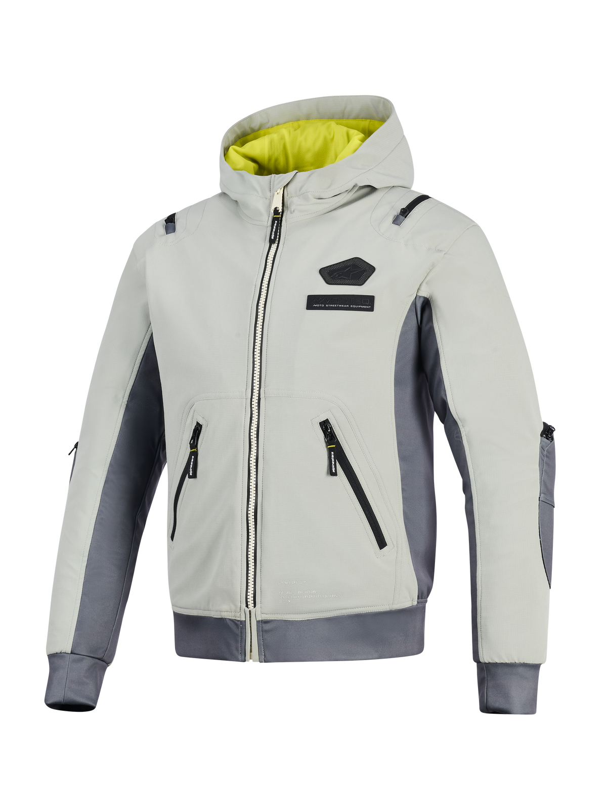 Giacca Alpinestars Moblast Waterproof, Iron Gray e Dark Sage, giacca da moto con cappuccio e fodera giallo brillante, corpo in tessuto grigio chiaro con pannelli laterali grigio scuro, dotata di cerniere impermeabili e logo sul petto