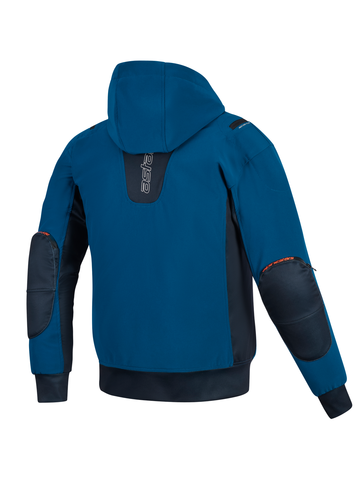 Alpinestars Moblast Waterproof Jacket, Dark Petrol e Dark Navy, vista posteriore di giacca da moto con cappuccio, caratterizzata da costruzione in softshell, pannelli laterali blu navy e protezioni rinforzate sui gomiti con dettagli del logo in arancione.