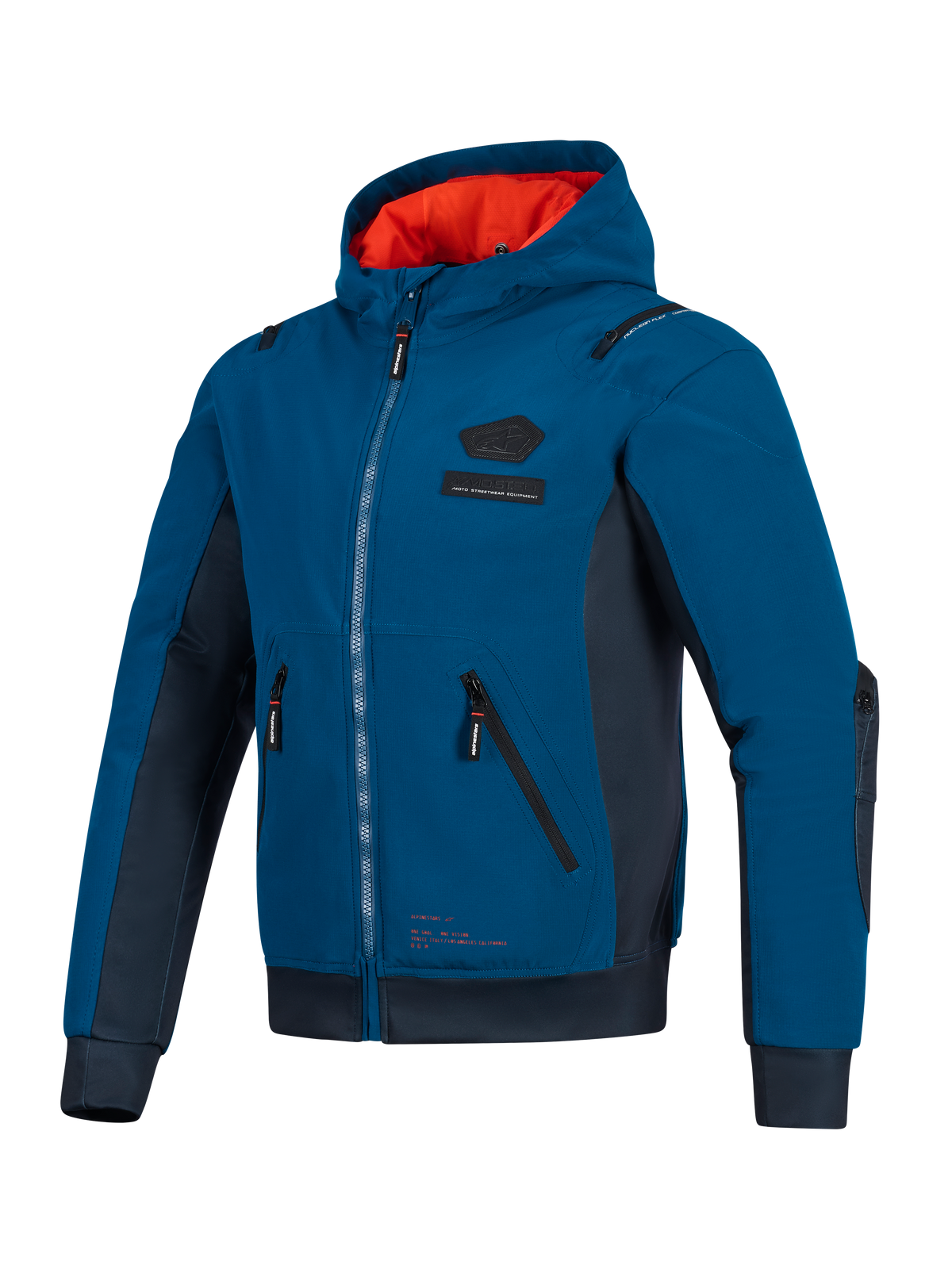 Giacca impermeabile Alpinestars Moblast, colori Dark Petrol e Dark Navy blue, felpa da moto urban con fodera del cappuccio arancione brillante, tasche tecniche 3D e costruzione in softshell ripstop per il commuting in tutte le stagioni