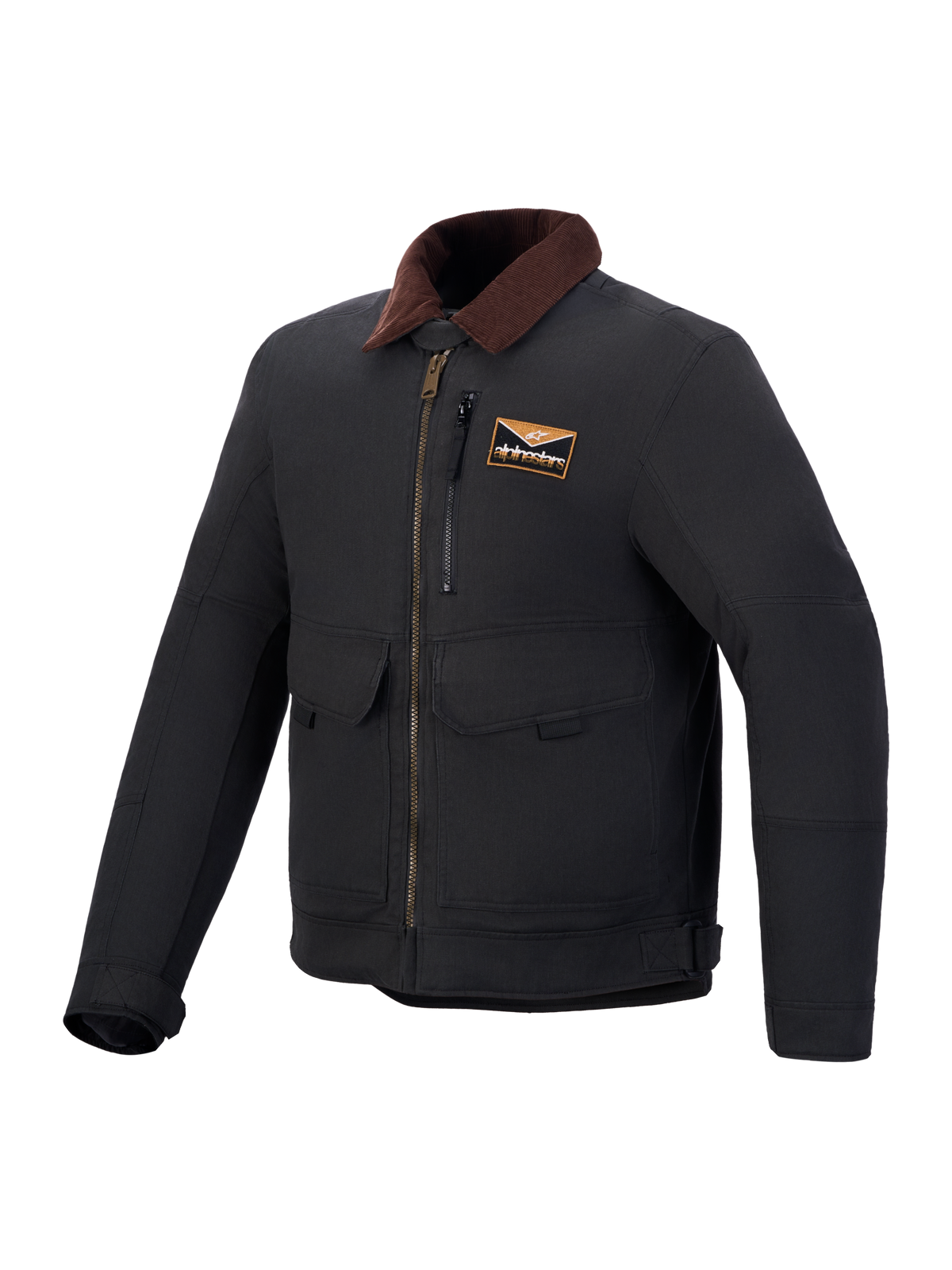 Alpinestars Mustang WP Giacca, giacca da moto urbana contemporanea antracite scuro e marrone scuro, design in twill elasticizzato ispirato al workwear, colletto in corduroy e protezione certificata CE