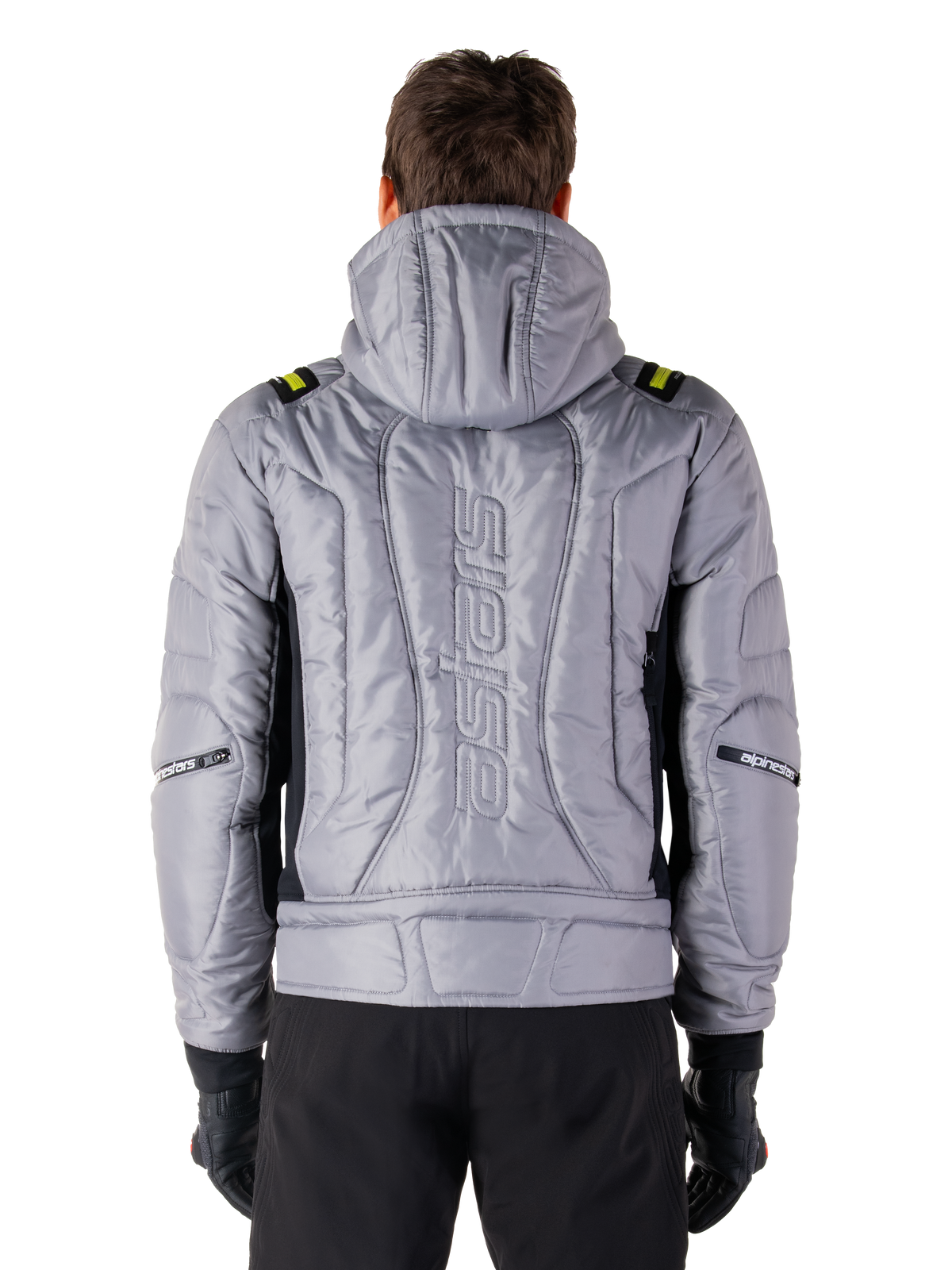 Giacca impermeabile Alpinestars Mohobbs, vista posteriore, Lunar Gray con accenti Lime Punch, costruzione imbottita trapuntata con marchio astars verticale, stile bomber con cappuccio per la guida urbana in moto