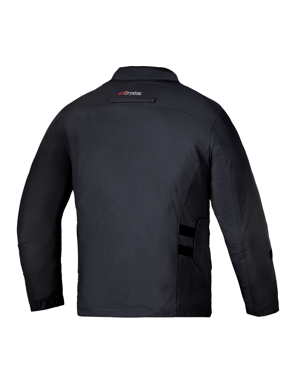 Alpinestars Altan Drystar Giacca, giacca da moto impermeabile da uomo, vista posteriore in nero con marchio Drystar sulla parte superiore della schiena e dettagli regolabili in vita