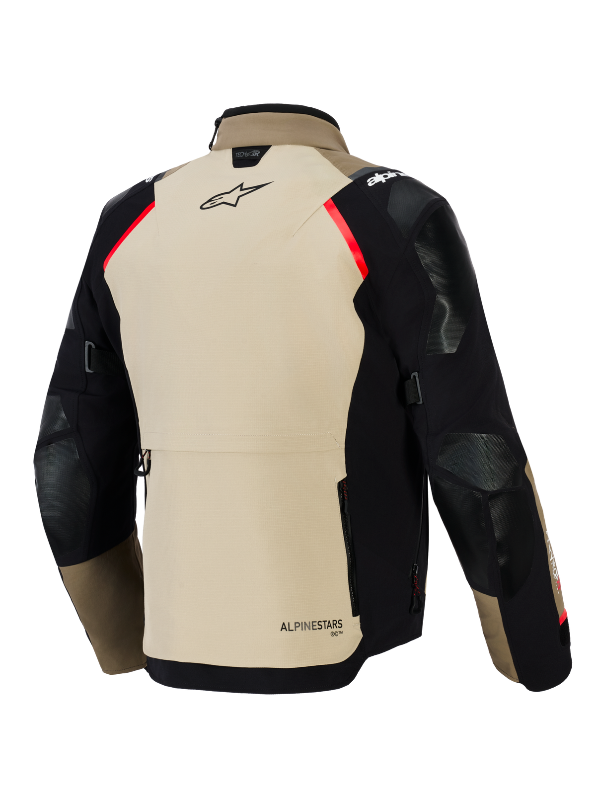 Giacca Alpinestars Andes Pro Drystar® XF, vista posteriore, color noce e nero con accenti rossi, pannelli rinforzati su spalle e gomiti, ampia tasca posteriore e marchio Alpinestars, abbigliamento moto adventure touring