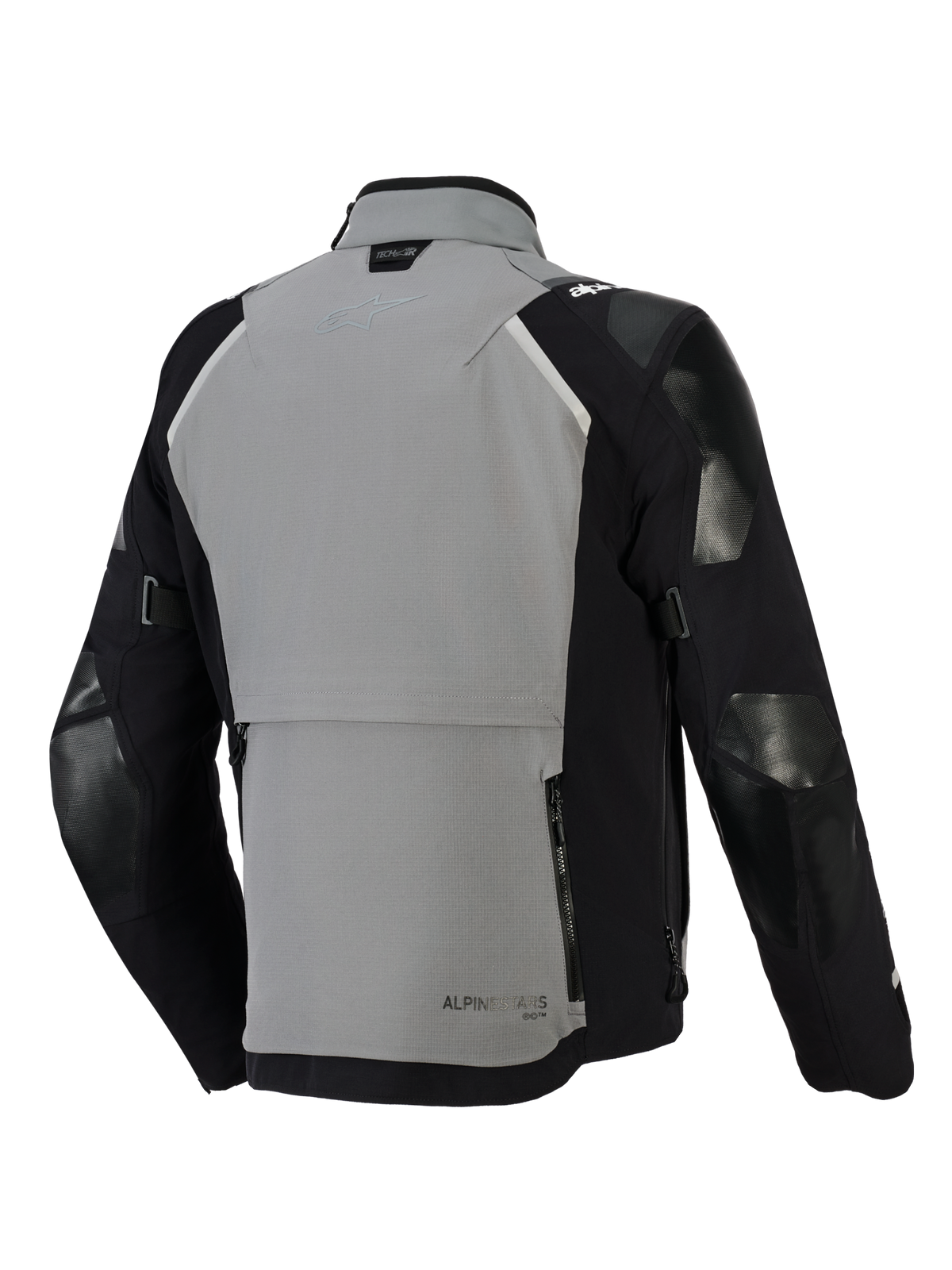 Giacca Alpinestars Andes Pro Drystar® XF, giacca da moto adventure, grigio scuro e nero, vista posteriore con un ampio scomparto portaoggetti posteriore con zip, cinturini regolabili sulle maniche e marchio Tech-Air sul colletto, design con guscio in tessuto resistente
