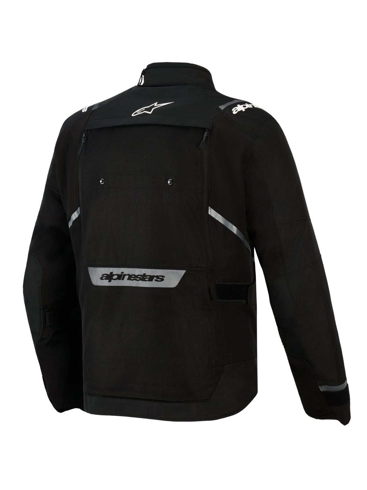 Alpinestars Giacca Cusco Drystar®, giacca da moto adventure touring in tessuto nero, vista posteriore con loghi riflettenti.