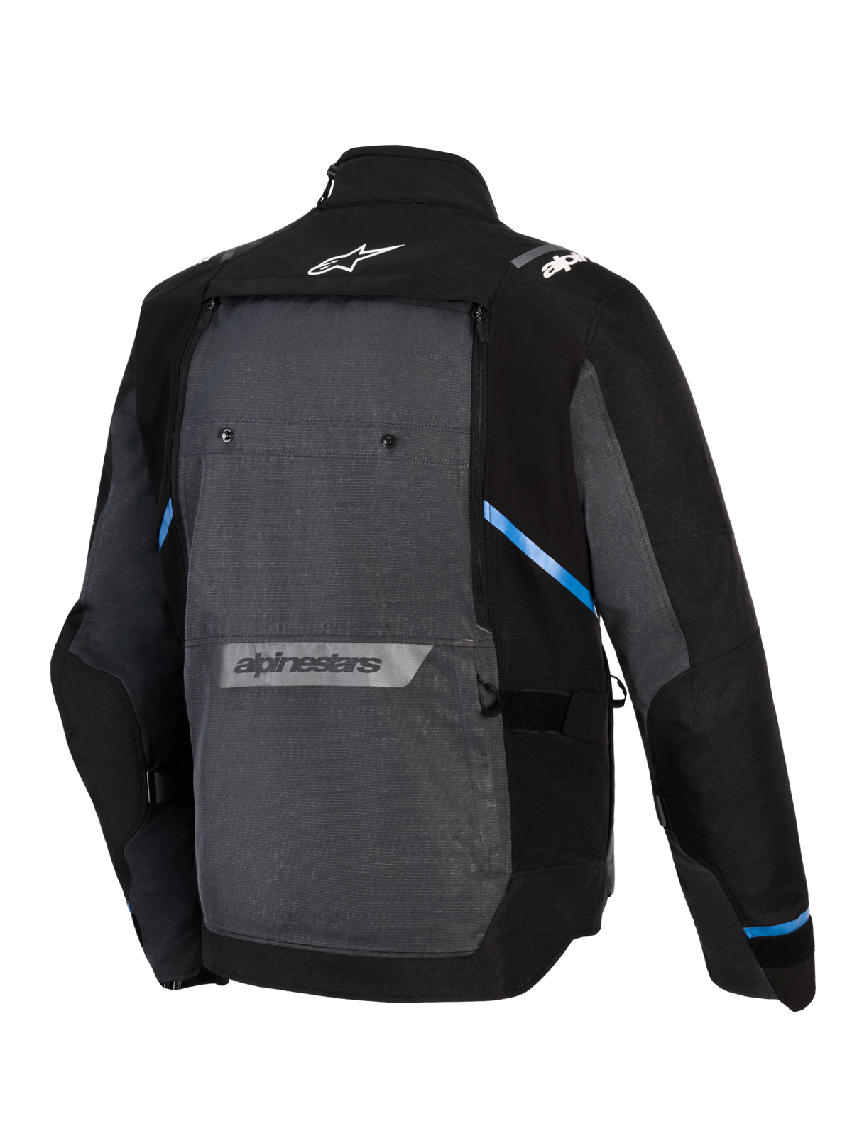 Giacca Alpinestars Cusco Drystar®, giacca da moto adventure touring, nero e grigio scuro, vista posteriore con grande pannello grigio, accenti blu, loghi Alpinestars sulla parte superiore e inferiore della schiena, costruzione in tessuto ripstop resistente