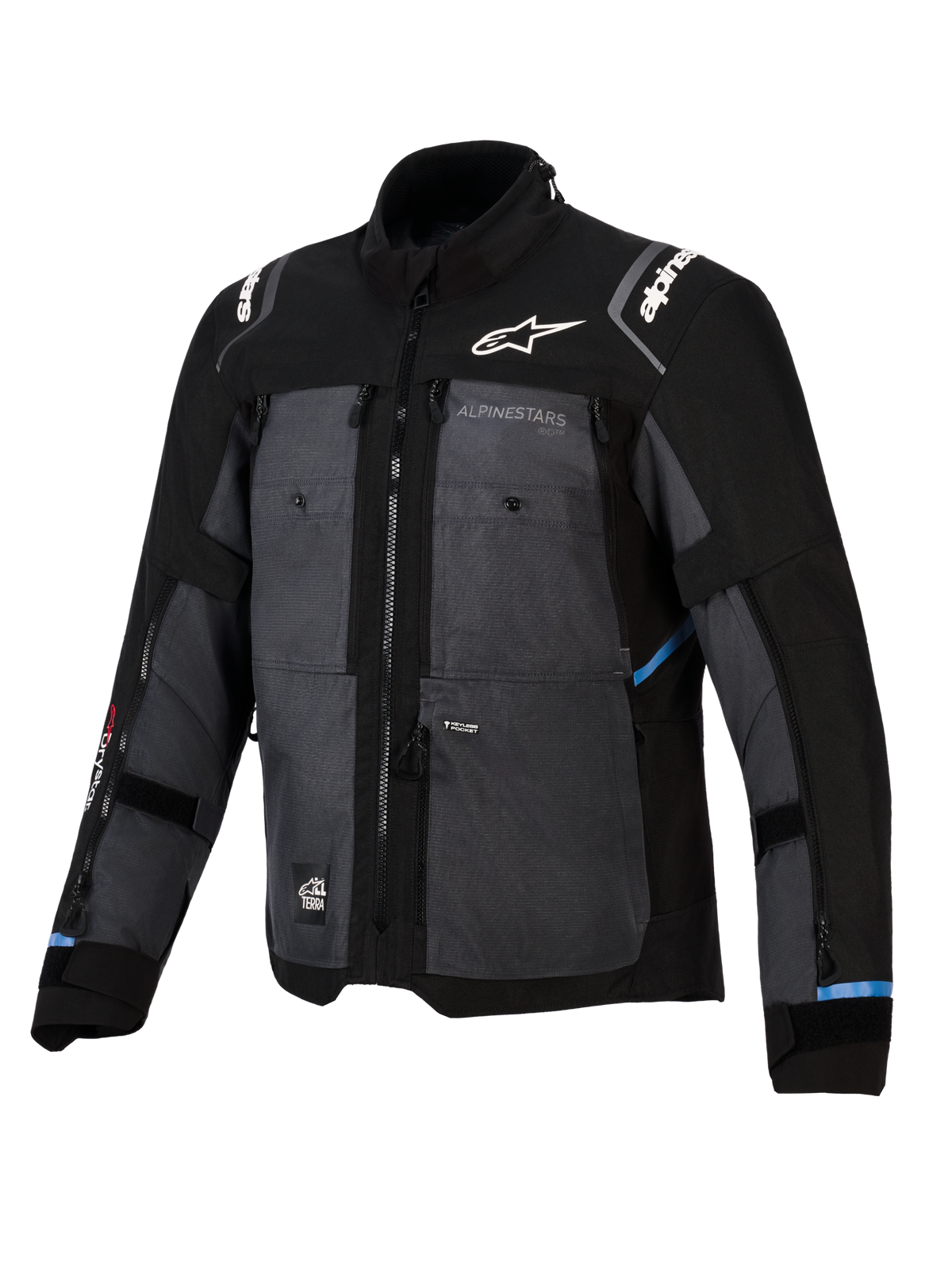 Giacca Alpinestars Cusco Drystar®, giacca adventure touring, nero e grigio scuro, caratterizzata da pannelli in tessuto ripstop, logo Alpinestars bianco su petto e spalle, cerniere di ventilazione multiple e dettagli azzurri.