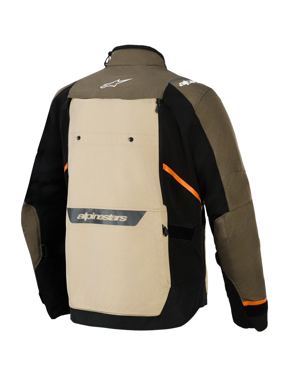 Giacca Alpinestars Cusco Drystar®, vista posteriore, Walnut Aluminum Black, giacca da moto adventure in tessuto con un ampio pannello posteriore beige, accenti diagonali arancioni e loghi riflettenti su una base marrone e nera.