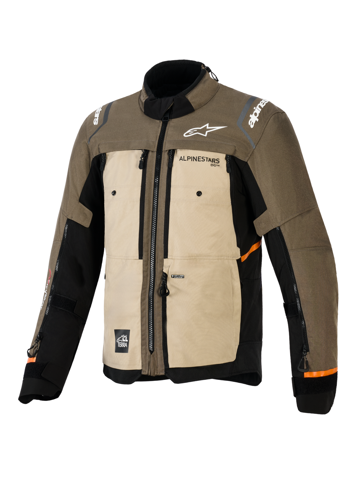 Giacca Alpinestars Cusco Drystar®, Walnut Aluminum Black, giacca da moto adventure touring, vista frontale a tre quarti, costruzione in tessuto con pannelli beige e marroni, prese d'aria con cerniera, loghi Alpinestars bianchi e dettagli arancioni sulle maniche