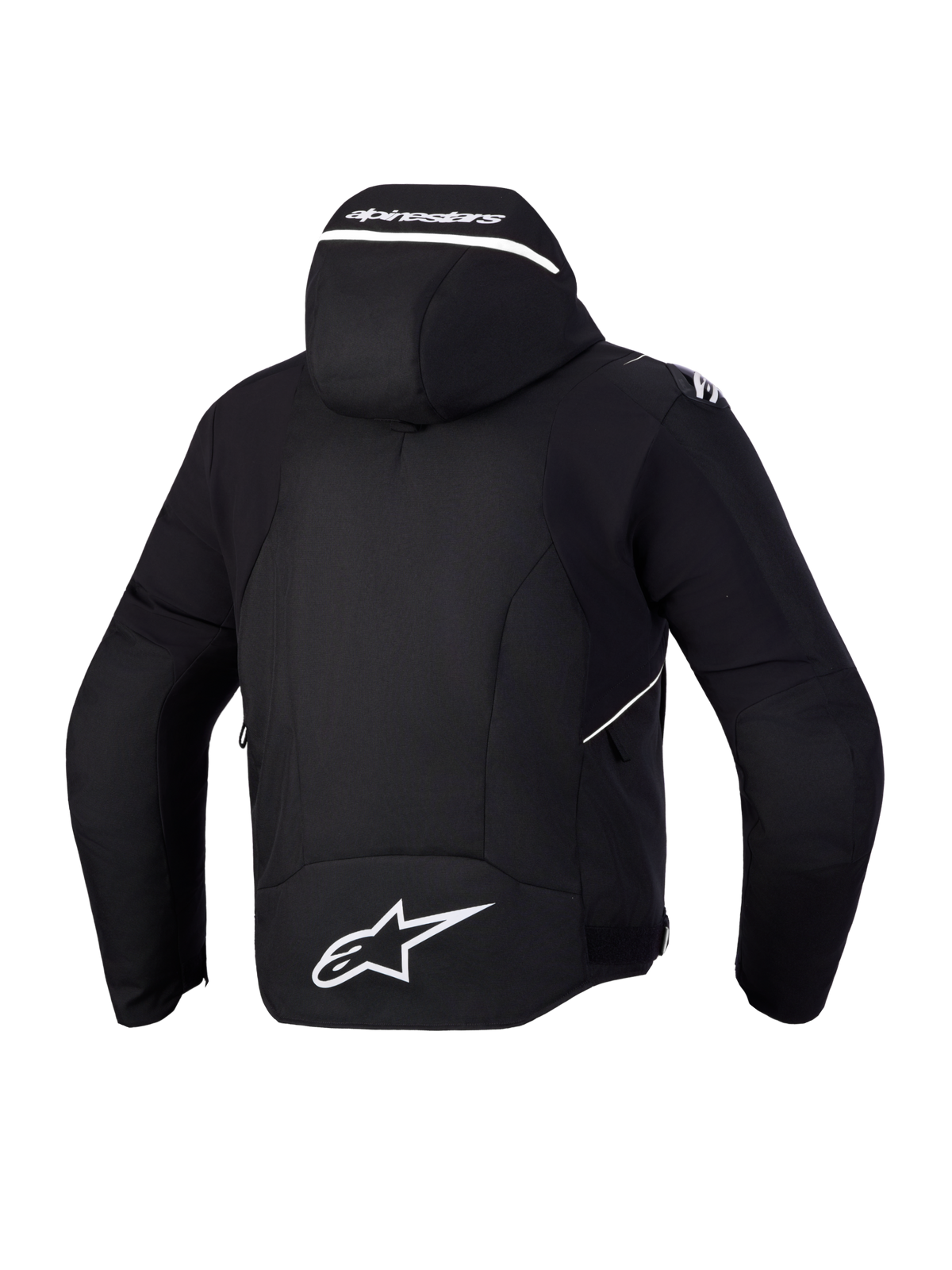 Zaca V 2 Waterproof Giacca, giacca da moto impermeabile da uomo, nera con dettagli bianchi, vista posteriore con cappuccio integrato e marchio Alpinestars