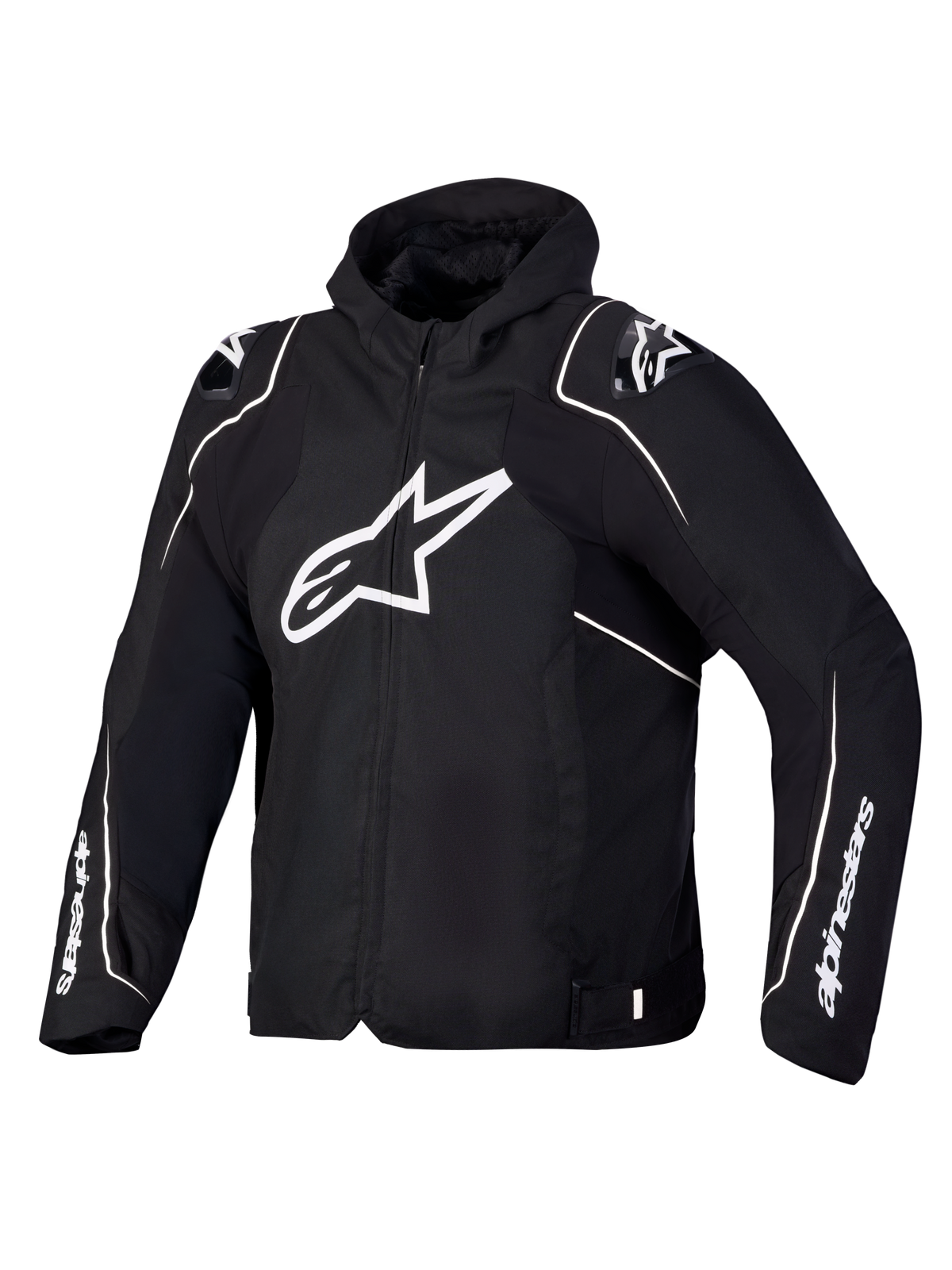 Alpinestars Zaca V2 Waterproof Giacca, giacca da moto sportiva nera e bianca con cappuccio integrato, protezioni spalle DFS e struttura certificata CE