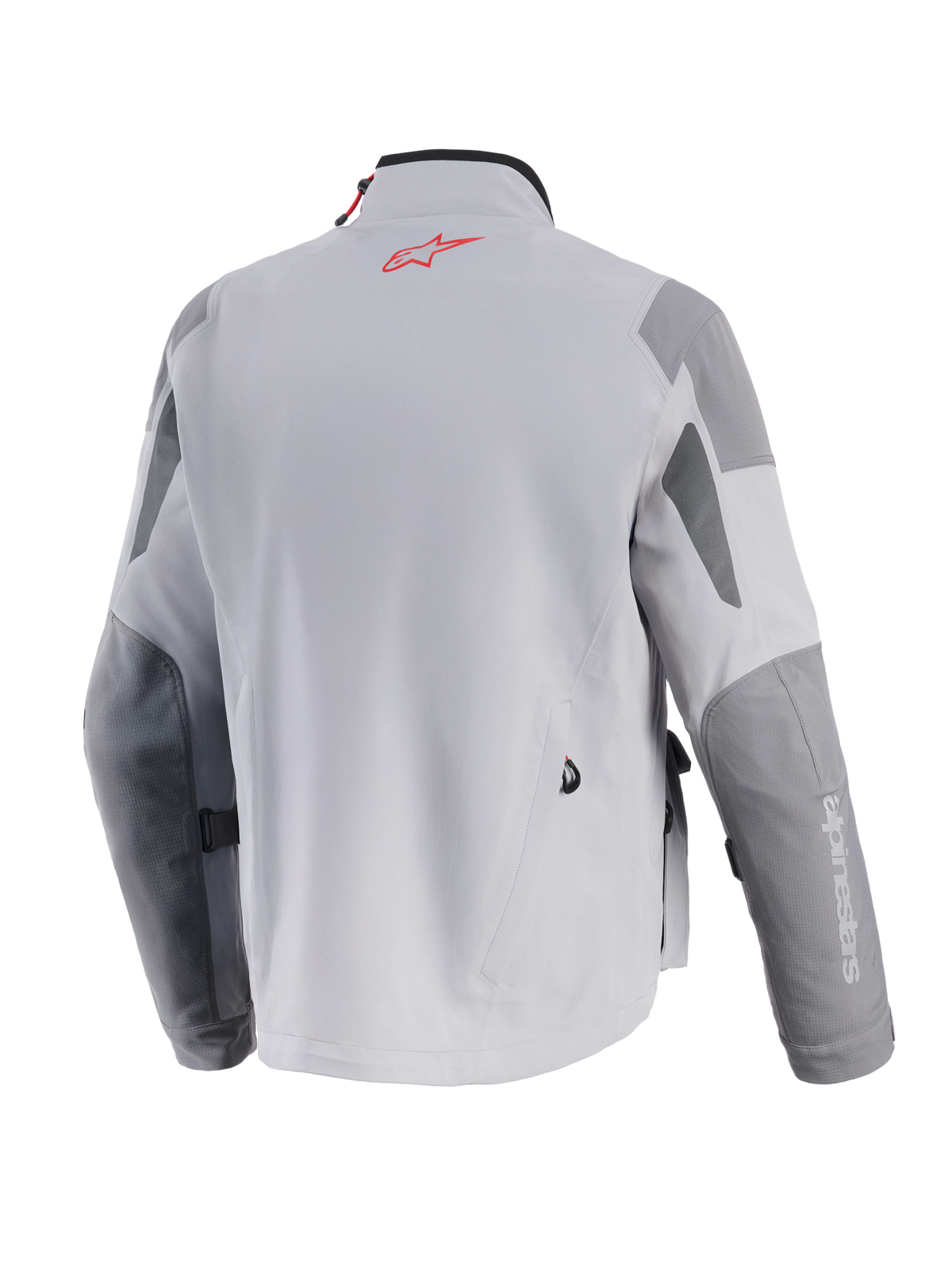 Alpinestars Maxdura Drystar®XF Laminated Armored Shell, giacca da moto adventure, grigio medio e grigio scuro, vista posteriore con logo Alpinestars rosso sul collo, pannelli grigio scuro rinforzati su gomiti e spalle e costruzione tessile professionale.