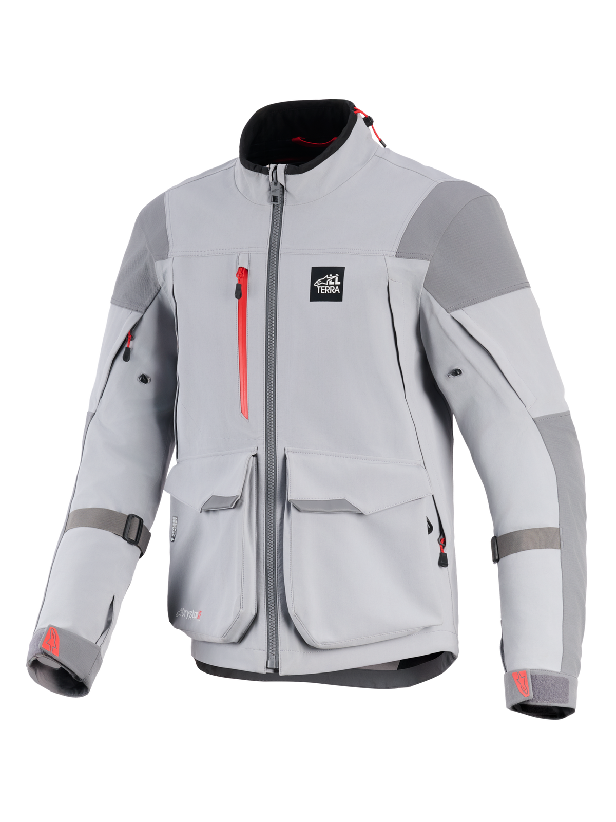 Alpinestars Maxdura Drystar®XF Laminated Armored Shell, giacca da moto, grigio medio e grigio scuro, con dettagli cerniera rossi e loghi sui polsini, ampie tasche cargo anteriori, pannelli rinforzati su spalle e gomiti, design tecnico adventure con logo 'ALL TERRA' sul petto