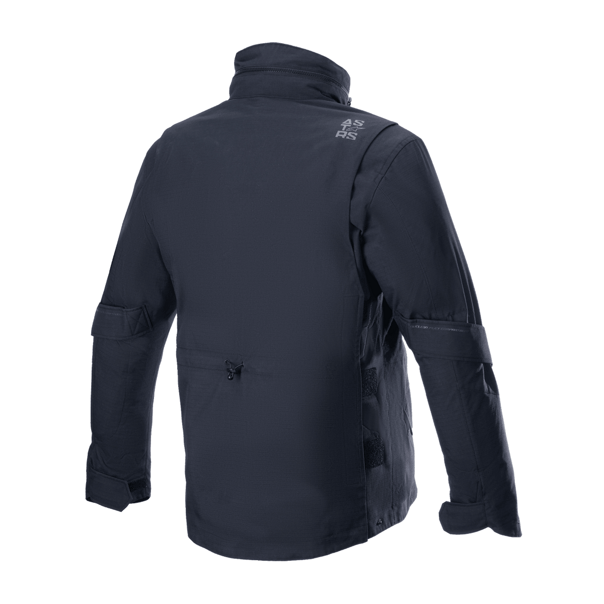 Giacca Alpinestars MO.ST.EQ Field Waterproof Primaloft, nero, vista posteriore, giacca da moto d'ispirazione streetwear contemporanea con struttura in tessuto ripstop, colletto alto e discreto logo grigio sulla spalla.