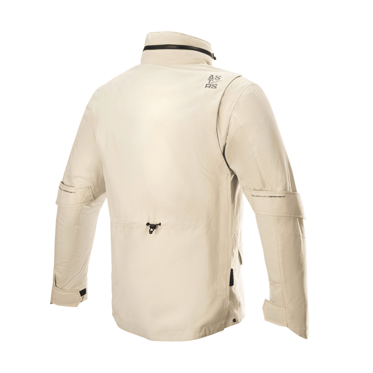 Giacca Alpinestars MO.ST.EQ Field Waterproof Primaloft, giacca da moto, Sand Military, vista posteriore con colletto alto e cappuccio a scomparsa, regolatori di volume sulle maniche e struttura leggera in ripstop in uno stile field jacket contemporaneo
