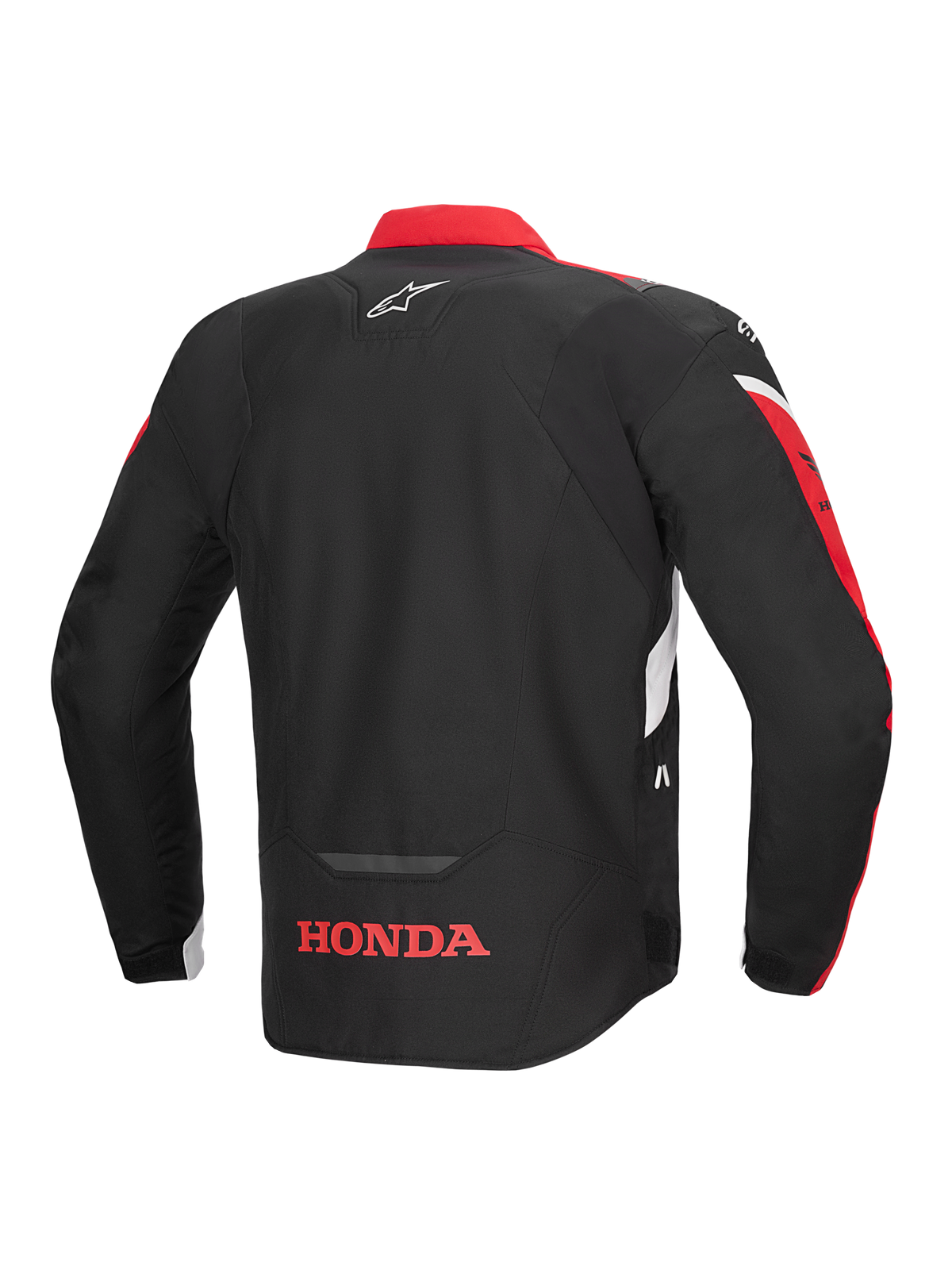 Giacca Alpinestars Honda T-Jaws V4 WP, vista posteriore, nero con accenti rosso brillante e bianco, con logo Honda rosso sulla parte bassa della schiena e logo a stella Alpinestars sulla parte superiore della schiena, giacca da moto sportiva in tessuto con dettagli riflettenti