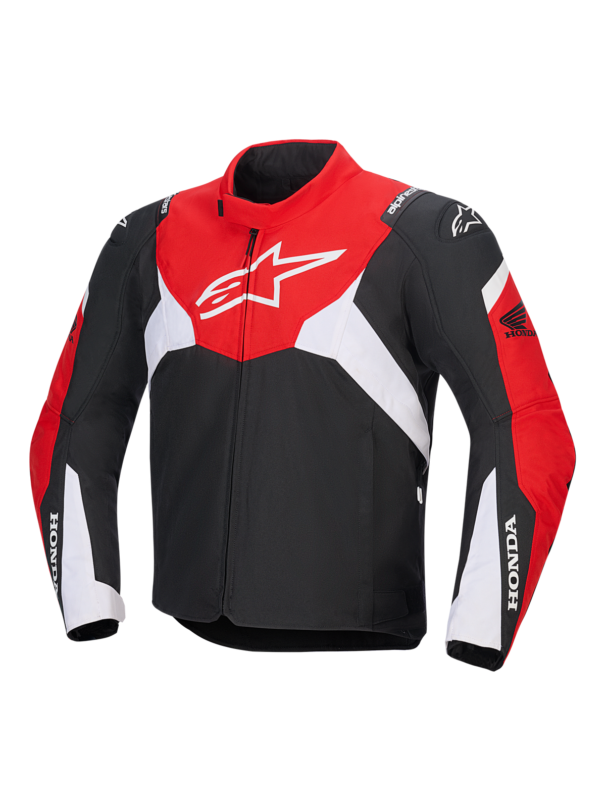 Giacca Alpinestars Honda T-Jaws V4 Wp, giacca tecnica da moto impermeabile, nero, rosso brillante e bianco, con un grande logo Astar bianco sul petto e marchio Honda sulle maniche, design sportivo con colletto alto e cerniera frontale