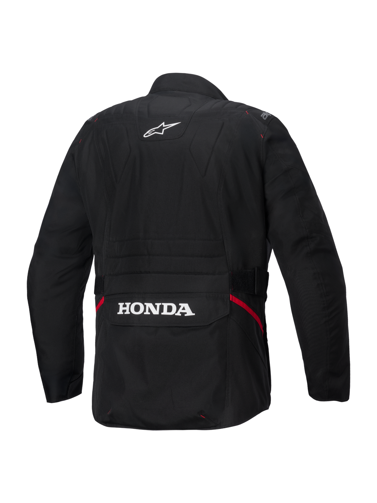 Giacca impermeabile Alpinestars Honda ST-1, vista posteriore, tessuto nero, con logo a stella Alpinestars bianco sulla parte superiore della schiena e marchio Honda sulla tasca cargo posteriore, dettagli rossi sui lati, giacca da moto touring resistente