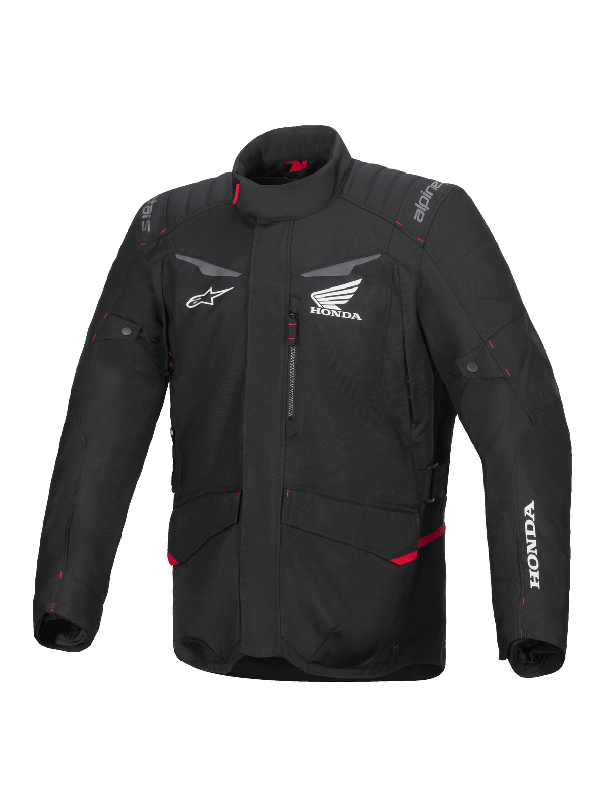 Alpinestars Honda ST-1 Waterproof Jacket, giacca moto da touring, nero con accenti rossi, loghi Honda e Alpinestars, collo alto, spalle e gomiti imbottiti, chiusura con zip, tasche frontali