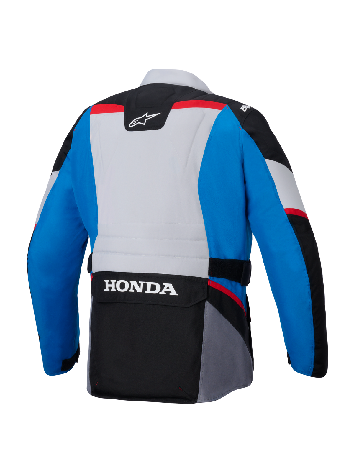 Giacca impermeabile Alpinestars Honda ST-1, vista posteriore, blu e grigio chiaro con pannelli neri e accenti rossi, presenta un grande logo HONDA bianco sulla tasca cargo posteriore inferiore, giacca in tessuto stile adventure touring