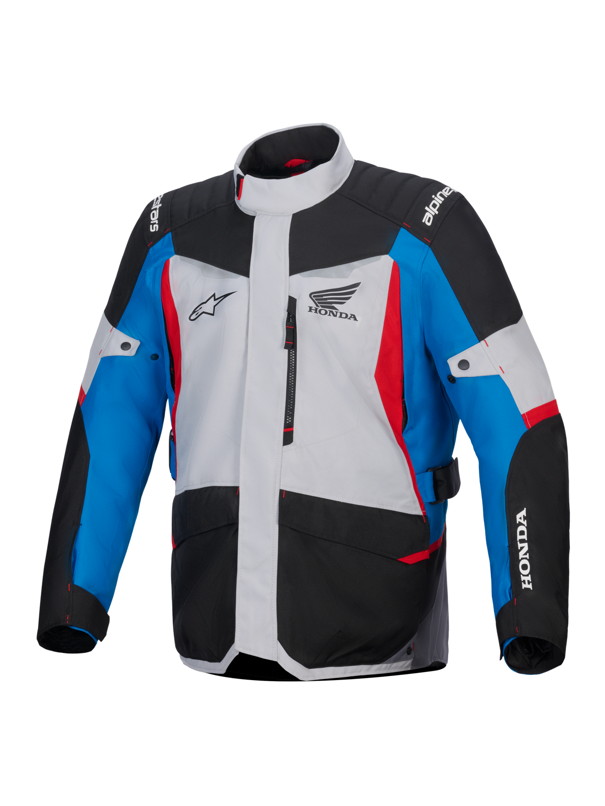 Giacca impermeabile Alpinestars Honda ST-1, giacca da moto touring, grigio ghiaccio, nero e blu con accenti rossi, con loghi Honda e Alpinestars, vista frontale con tasca sul petto con cerniera e tasche cargo, design adventure touring resistente alle intemperie