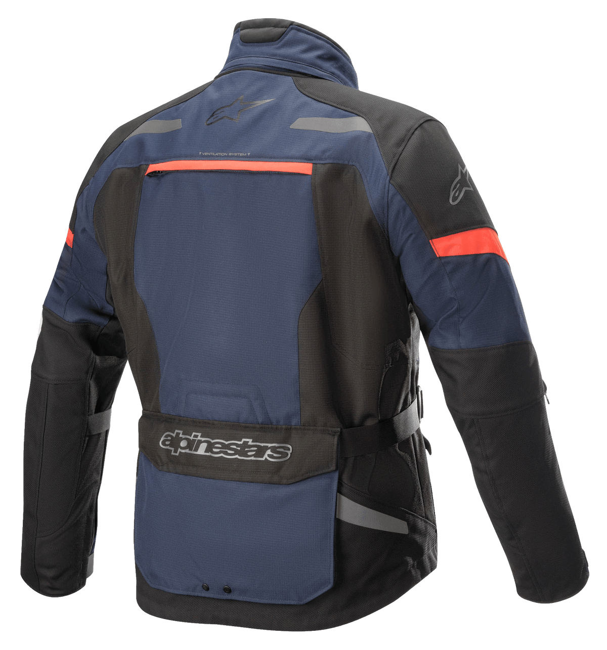 Alpinestars Valparaiso V3 Drystar® Jacket, giacca da moto adventure touring, blu scuro e nero con accenti rosso-arancio, vista posteriore con una grande tasca posteriore, dettagli riflettenti e aperture di ventilazione
